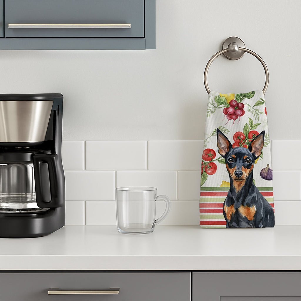 Black and Tan Miniature Pinscher Vegetables Kitchen Towel Velour Plush Front and Cotton Loop Back Machine Washable