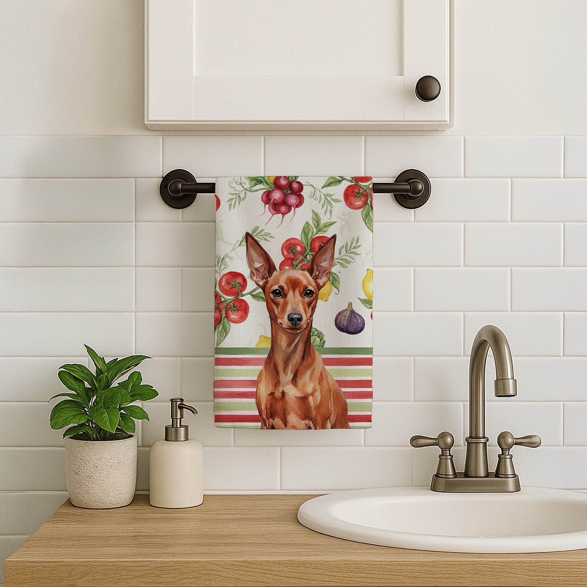 Red Miniature Pinscher Min Pin Vegetables Kitchen Towel Velour Plush Front and Cotton Loop Back Machine Washable