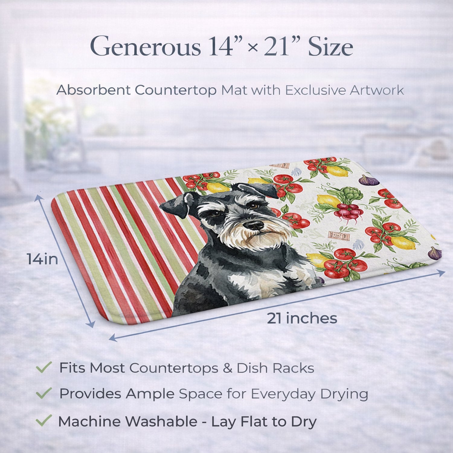 Black & Silver Miniature Schnauzer Vegetables Dish Drying Mat Absorbent Dish Drying Mat Pad for Kitchen Counter Dish Drainer Mat for Countertop, 14 x 21", Multicolor