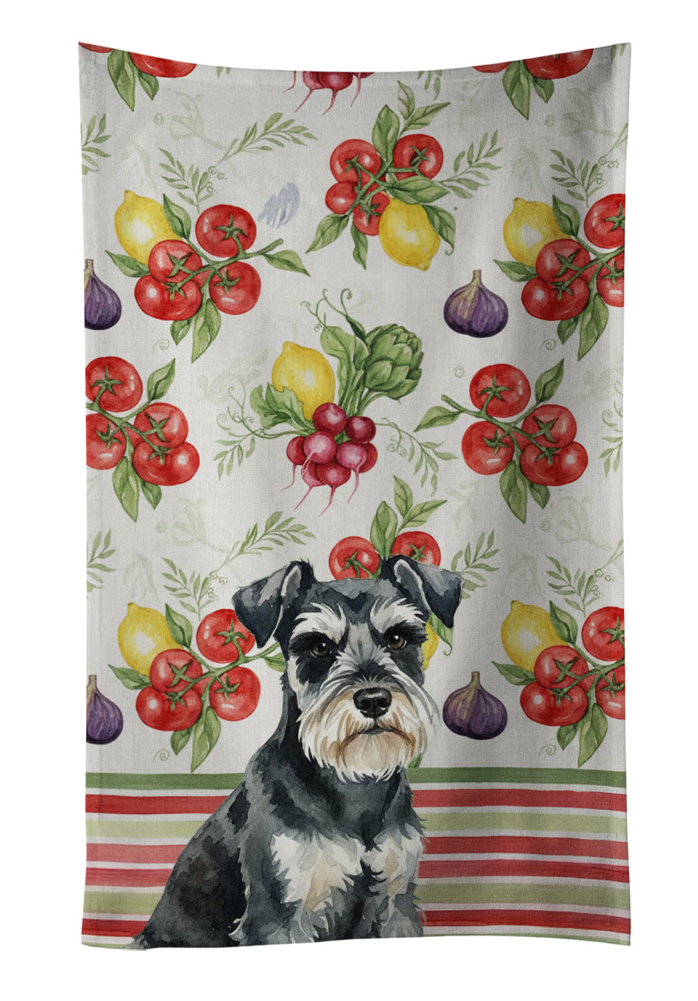 Black & Silver Miniature Schnauzer Vegetables Kitchen Towel Velour Plush Front and Cotton Loop Back Machine Washable