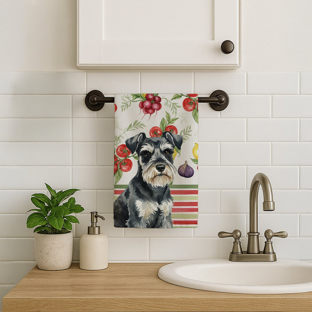Black & Silver Miniature Schnauzer Vegetables Kitchen Towel Velour Plush Front and Cotton Loop Back Machine Washable