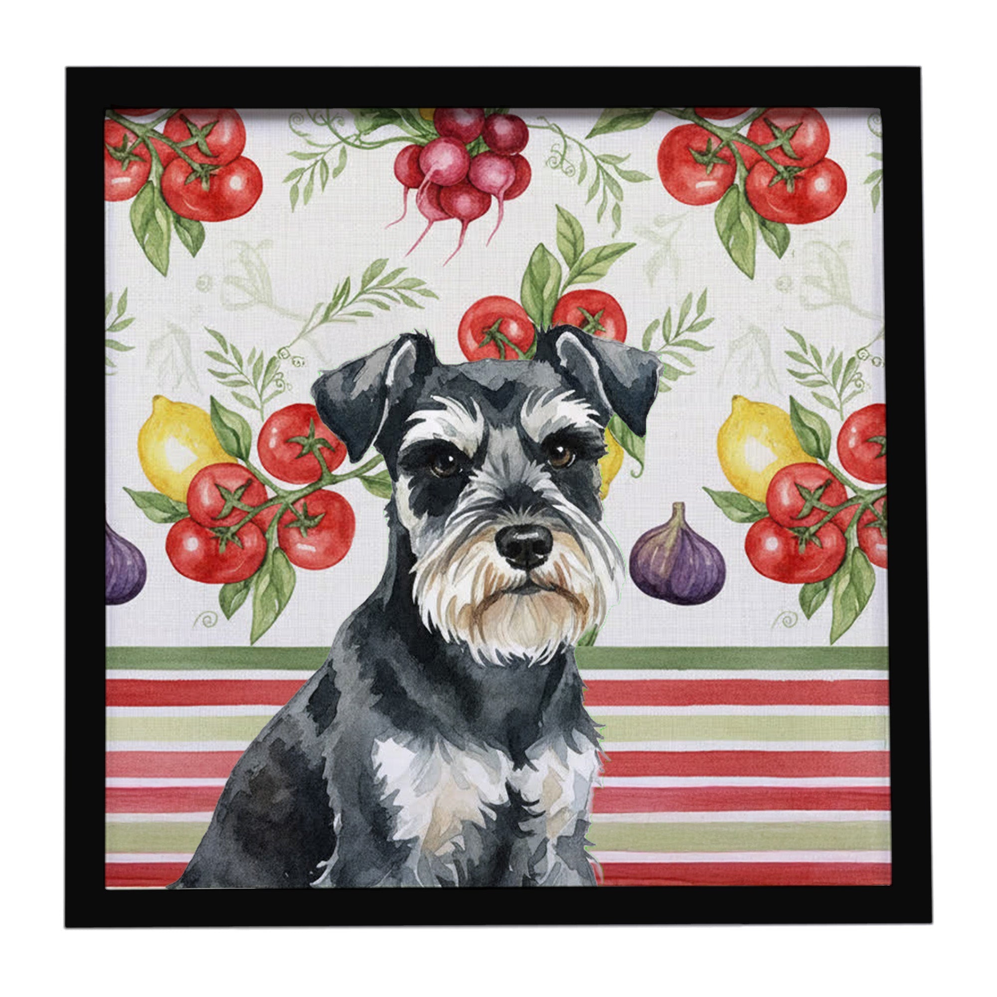 Black & Silver Miniature Schnauzer Vegetables Framed Metal Print Bathroom, Kitchen, Office, Home Decor Wall Art Ready to Hang, Square, 8X8