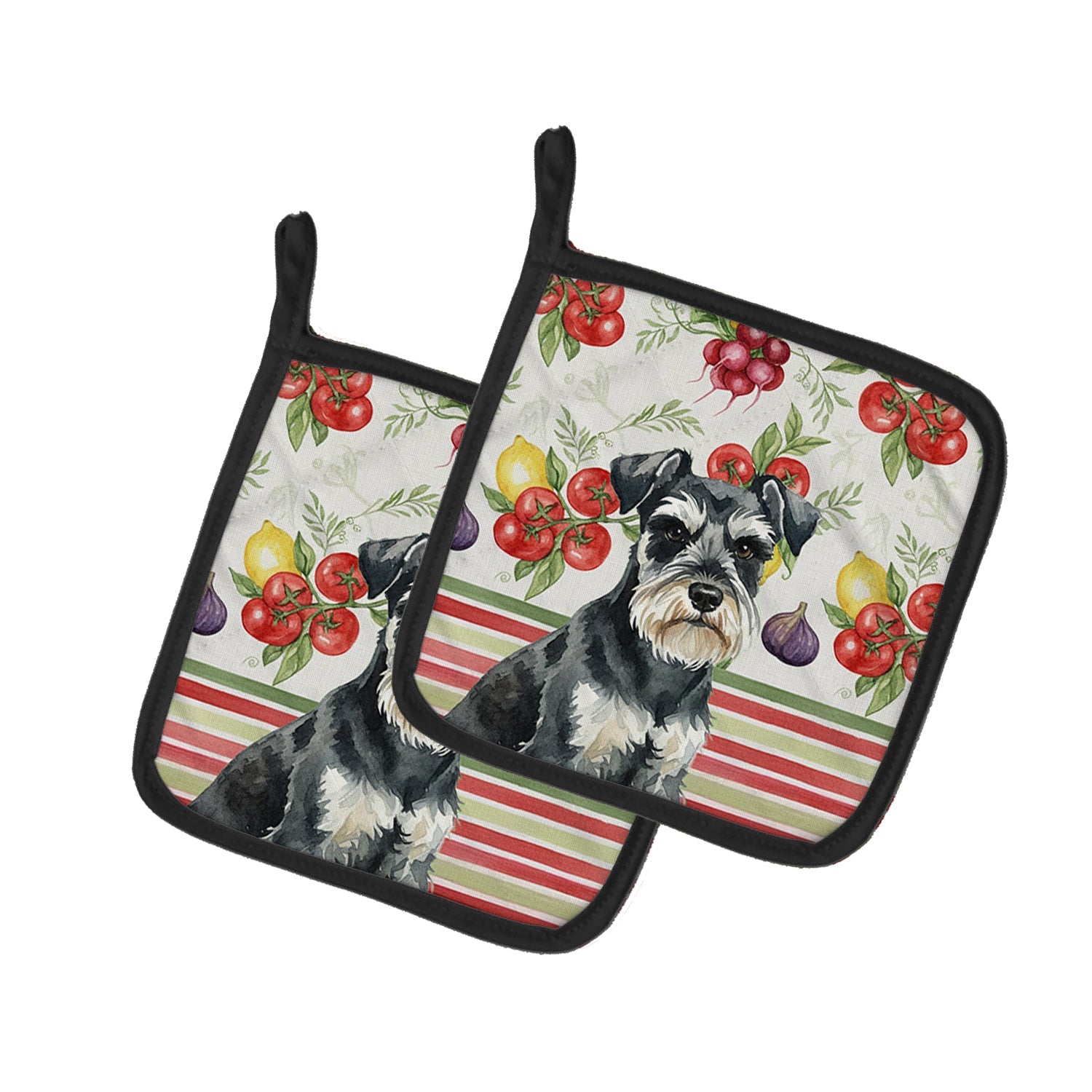 Black & Silver Miniature Schnauzer Vegetables Pot Holder Set of 2 Heat Resistant Quilted Hot Pads 7.5 x 7.5 Inch, Insulated Kitchen Trivets for Cooking & Baking