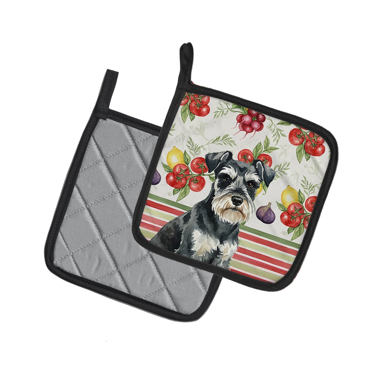 Black & Silver Miniature Schnauzer Vegetables Pot Holder Set of 2 Heat Resistant Quilted Hot Pads 7.5 x 7.5 Inch, Insulated Kitchen Trivets for Cooking & Baking