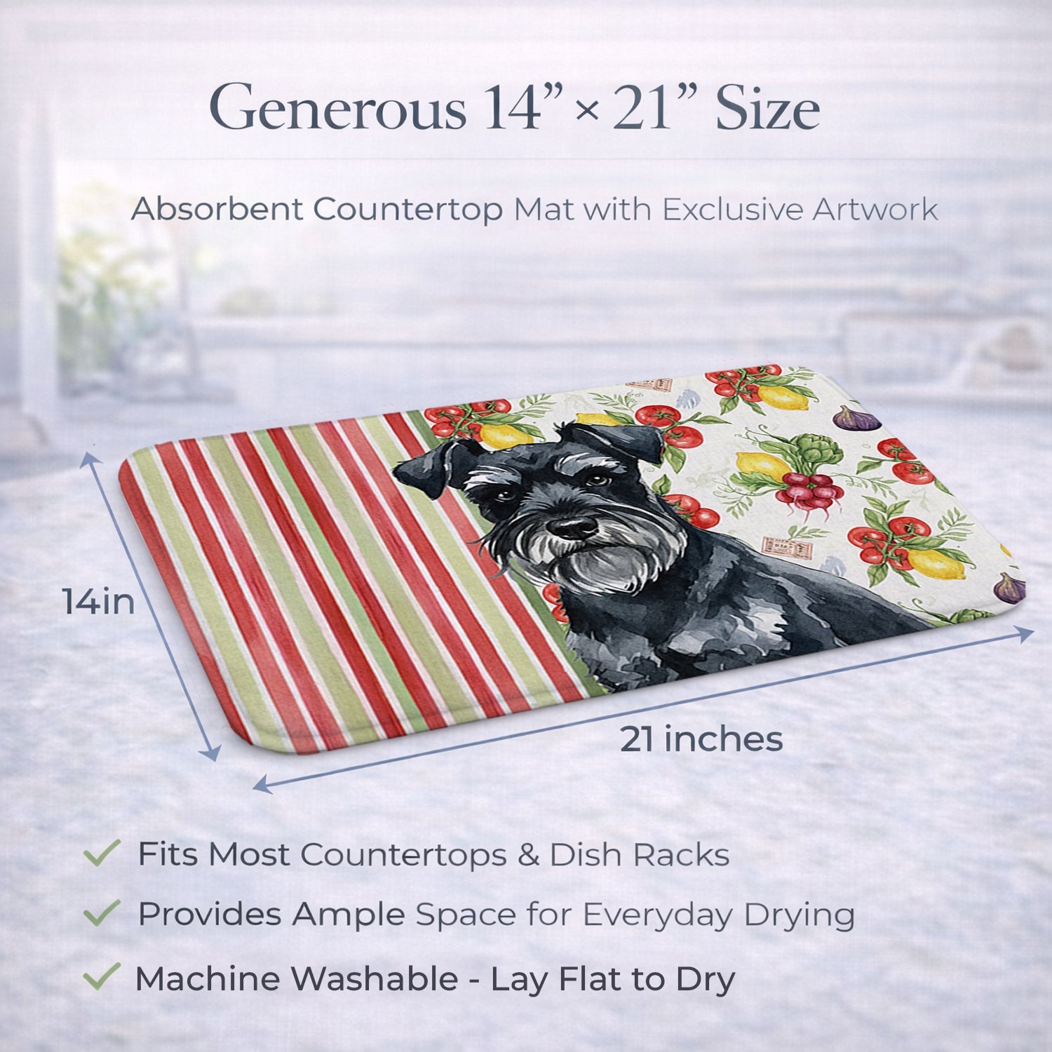 Black Miniature Schnauzer Vegetables Dish Drying Mat Absorbent Dish Drying Mat Pad for Kitchen Counter Dish Drainer Mat for Countertop, 14 x 21", Multicolor
