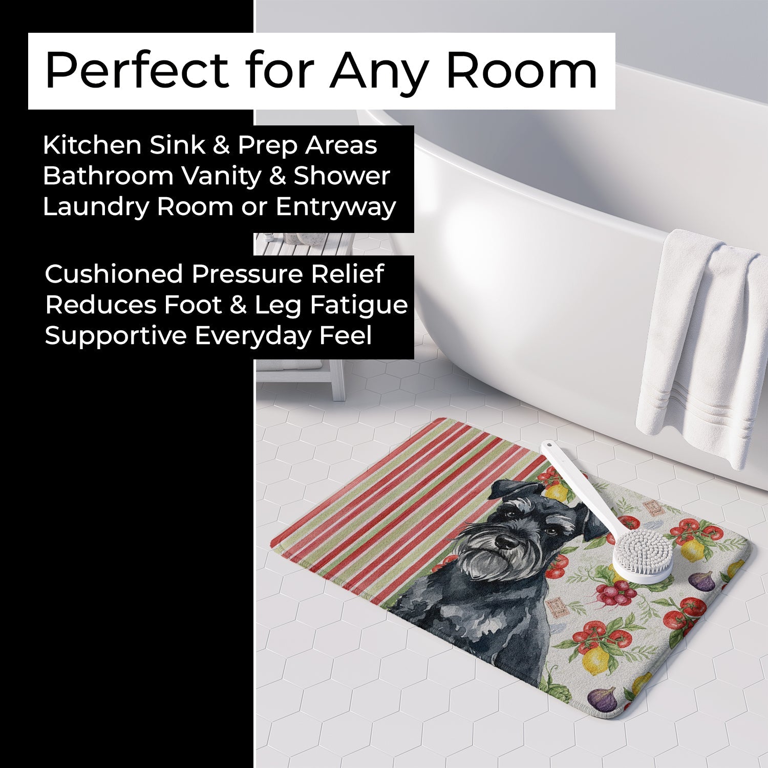 Black Miniature Schnauzer Vegetables Memory Foam Kitchen Mat Machine Washable Anti-Fatigue Cushion Comfort Bath or Kitchen Rug