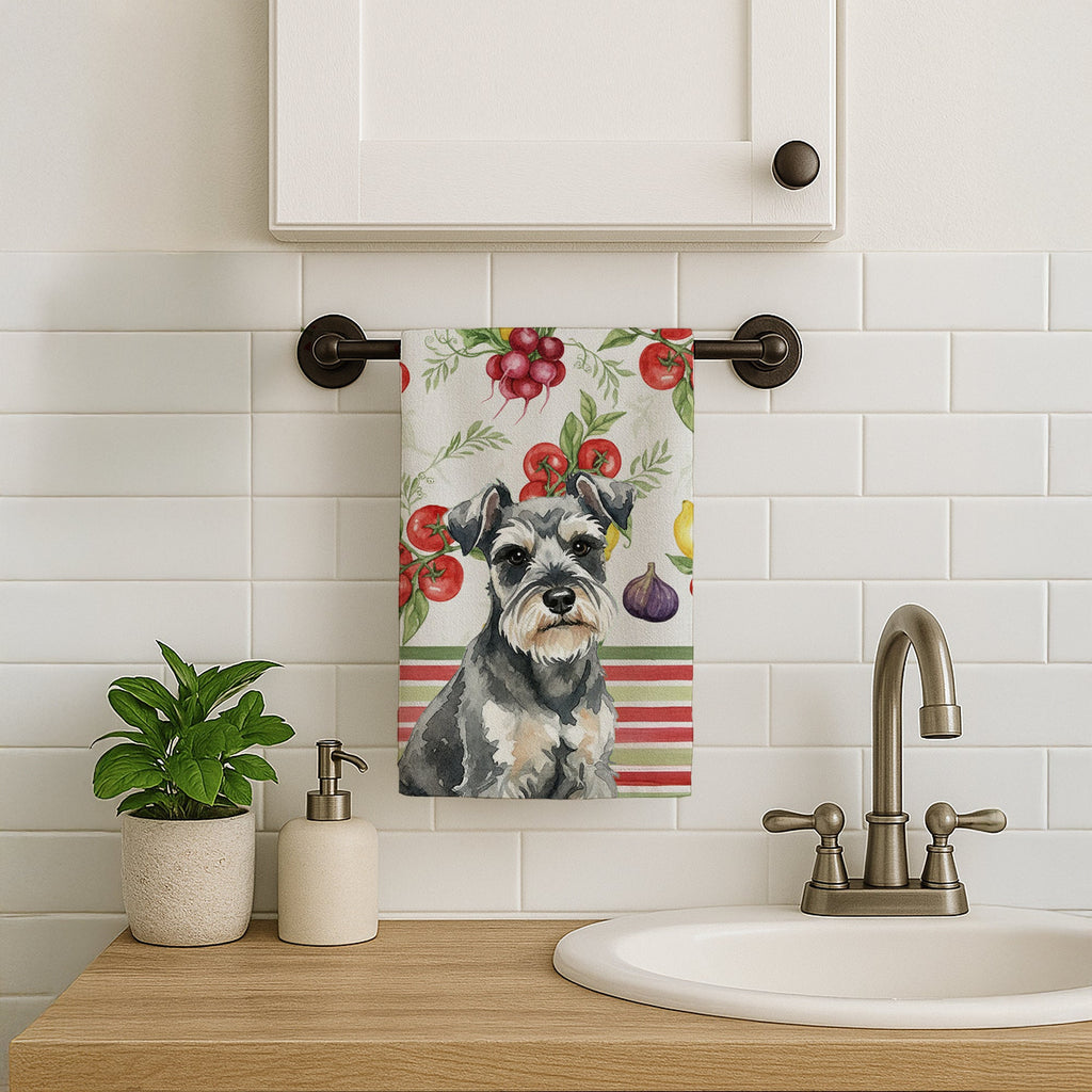 Miniature Schnauzer Vegetables Kitchen Towel Velour Plush Front and Cotton Loop Back Machine Washable