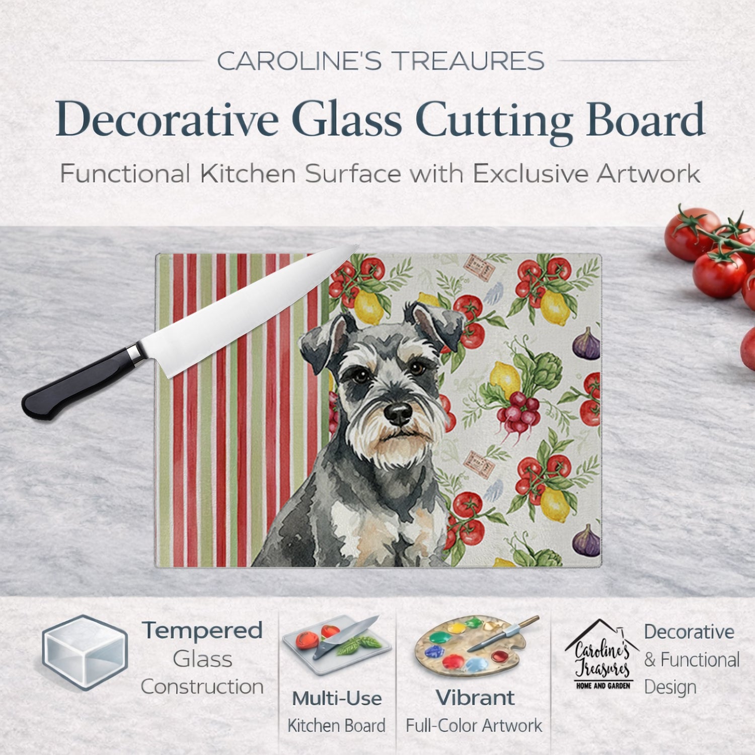 Miniature Schnauzer Vegetables Cutting Board Tempered Glass Kitchen Cutting Surface, Heat Resistant Chopping, Non-Slip Feet, Food Prep & Serving