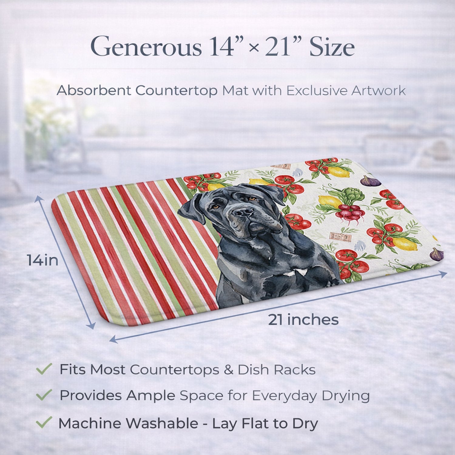 Black Neapolitan Mastiff Vegetables Dish Drying Mat Absorbent Dish Drying Mat Pad for Kitchen Counter Dish Drainer Mat for Countertop, 14 x 21", Multicolor
