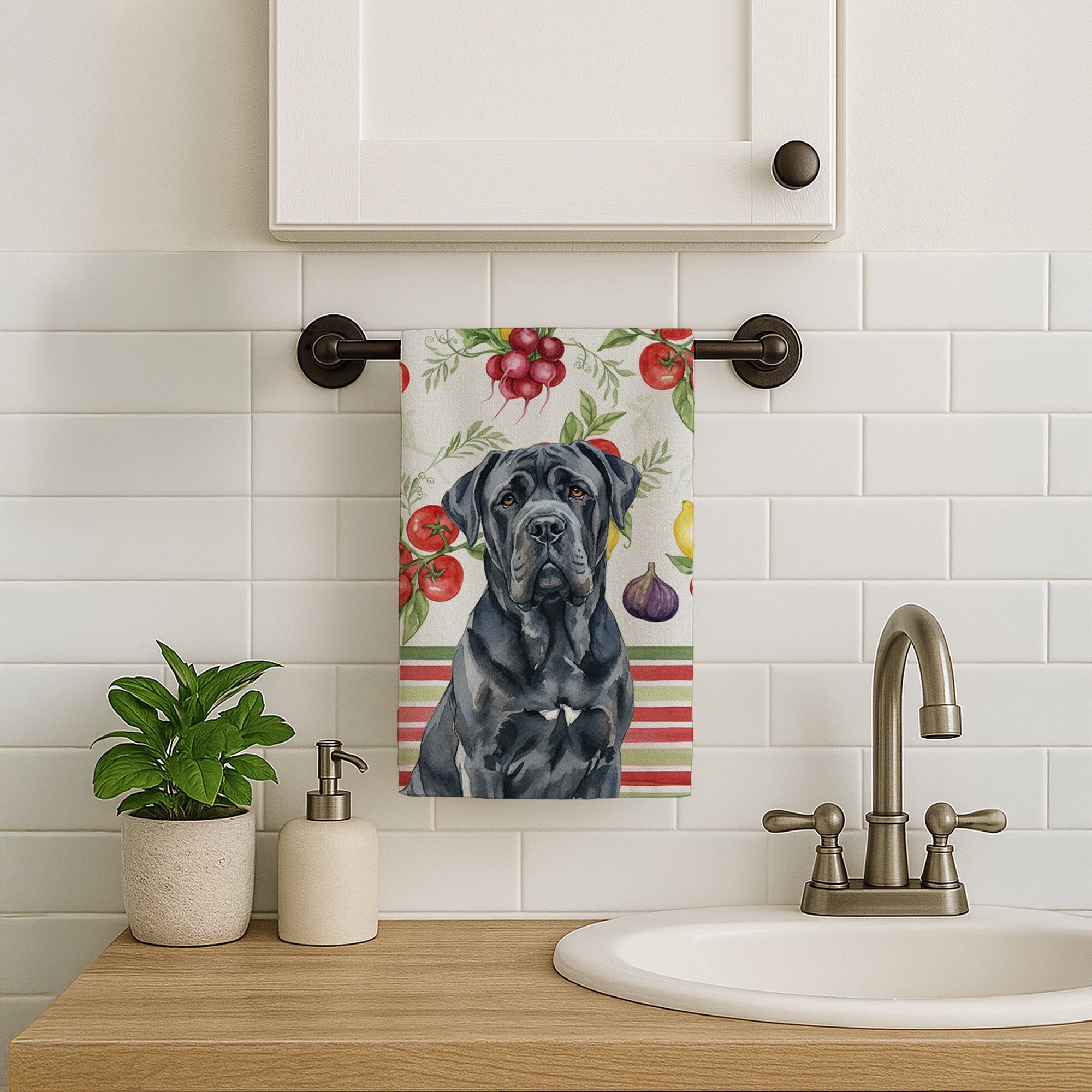 Black Neapolitan Mastiff Vegetables Kitchen Towel Velour Plush Front and Cotton Loop Back Machine Washable