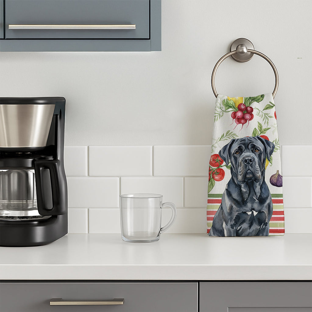 Black Neapolitan Mastiff Vegetables Kitchen Towel Velour Plush Front and Cotton Loop Back Machine Washable