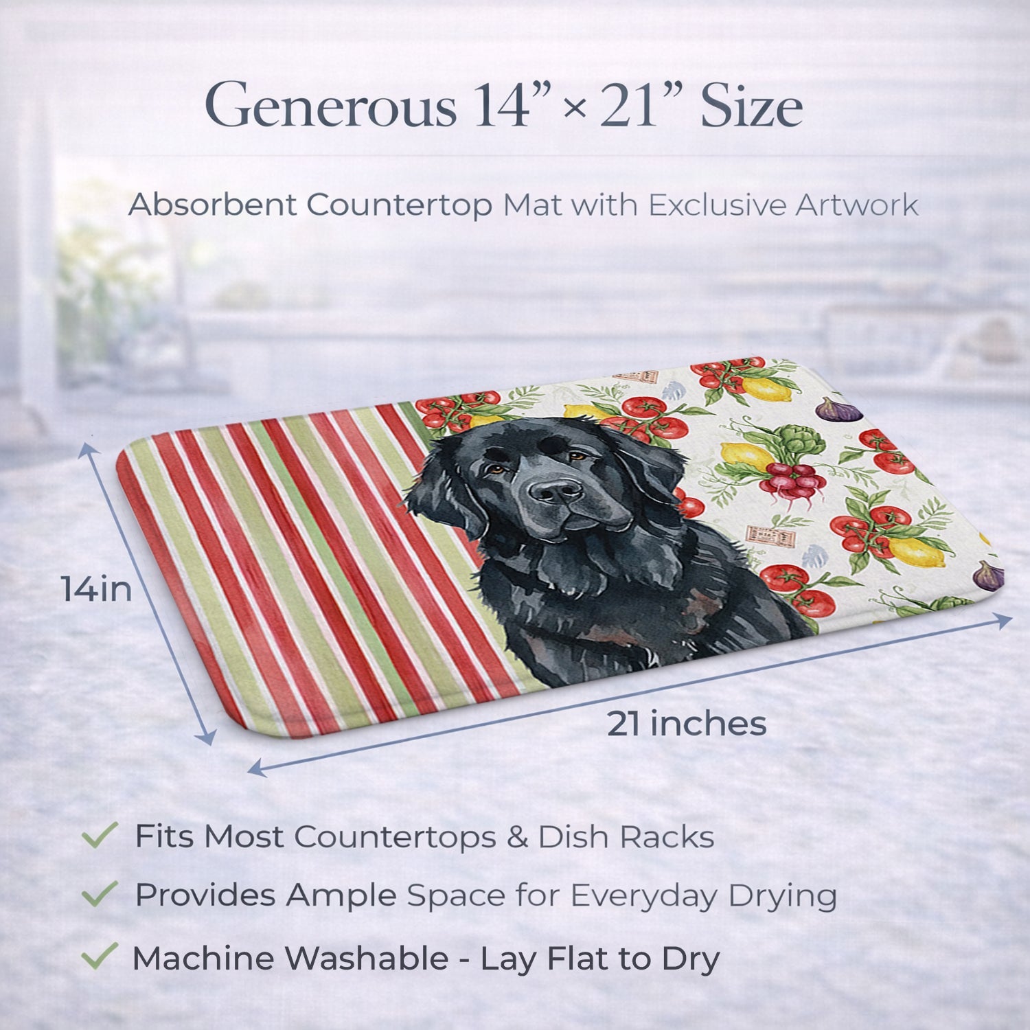 Black Newfoundland Vegetables Dish Drying Mat Absorbent Dish Drying Mat Pad for Kitchen Counter Dish Drainer Mat for Countertop, 14 x 21", Multicolor