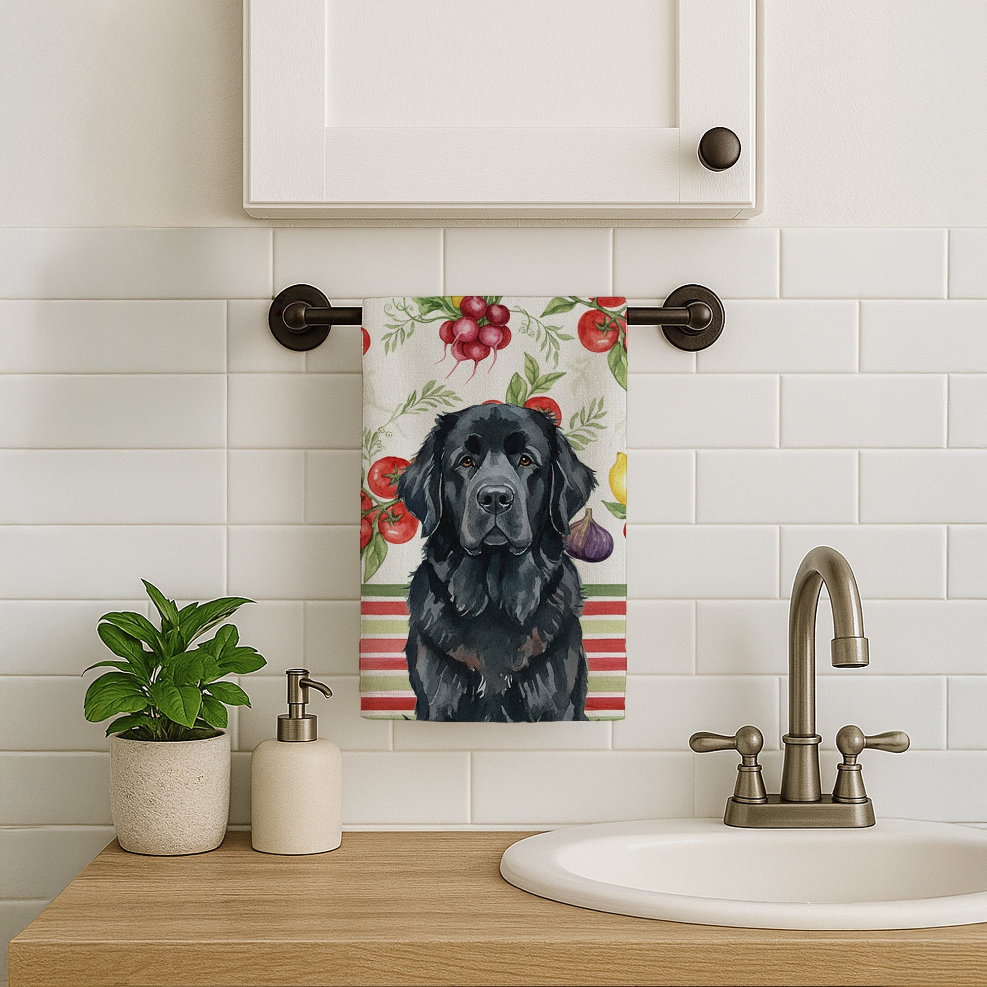 Black Newfoundland Vegetables Kitchen Towel Velour Plush Front and Cotton Loop Back Machine Washable