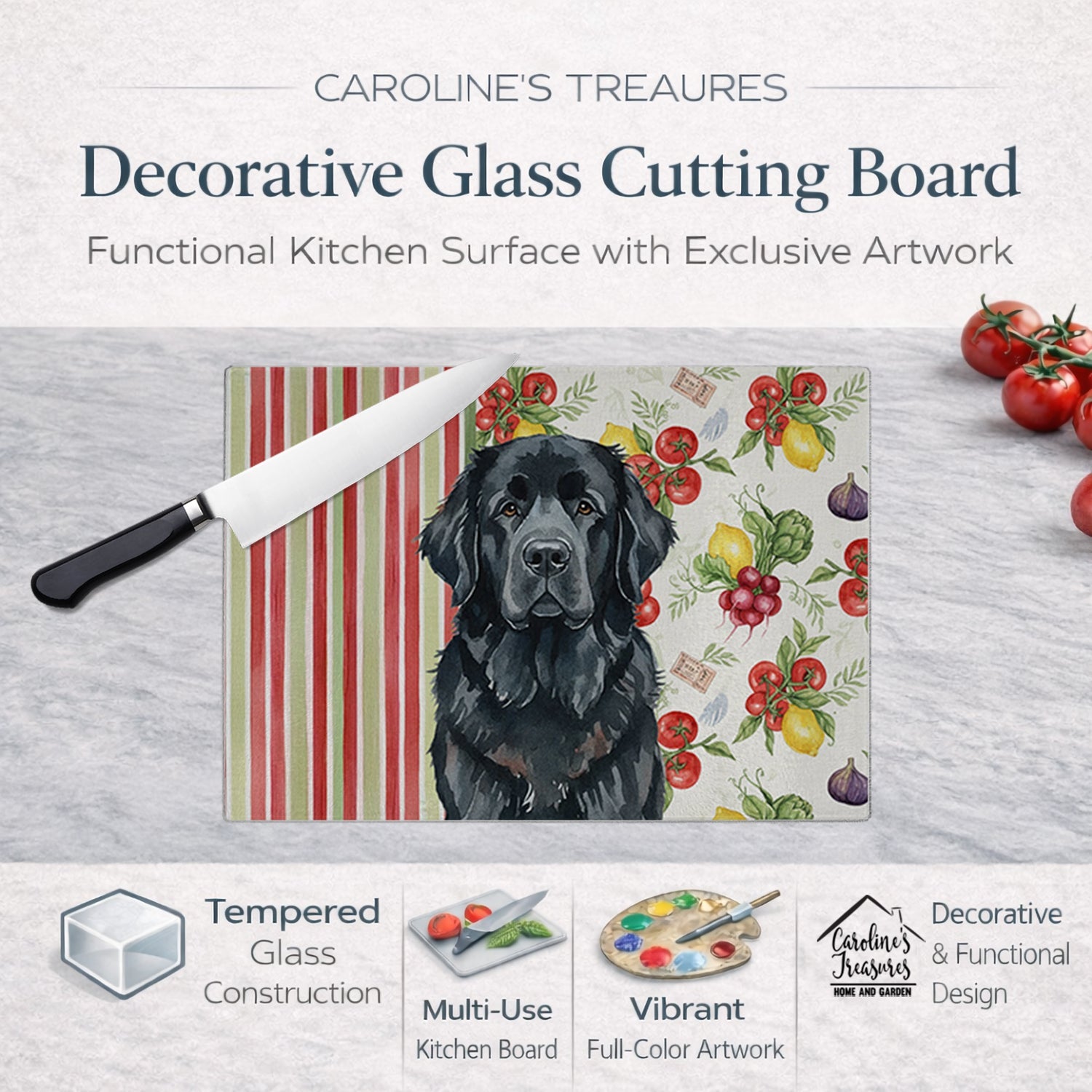Black Newfoundland Vegetables Cutting Board Tempered Glass Kitchen Cutting Surface, Heat Resistant Chopping, Non-Slip Feet, Food Prep & Serving