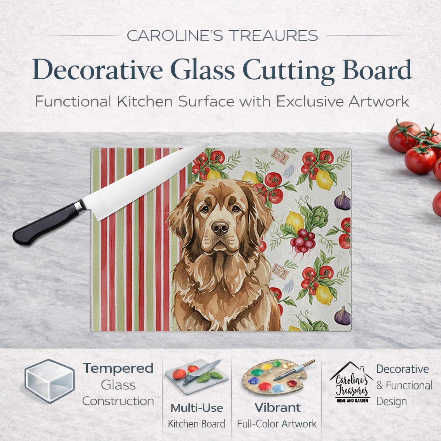 Brown Newfoundland Vegetables Cutting Board Tempered Glass Kitchen Cutting Surface, Heat Resistant Chopping, Non-Slip Feet, Food Prep & Serving