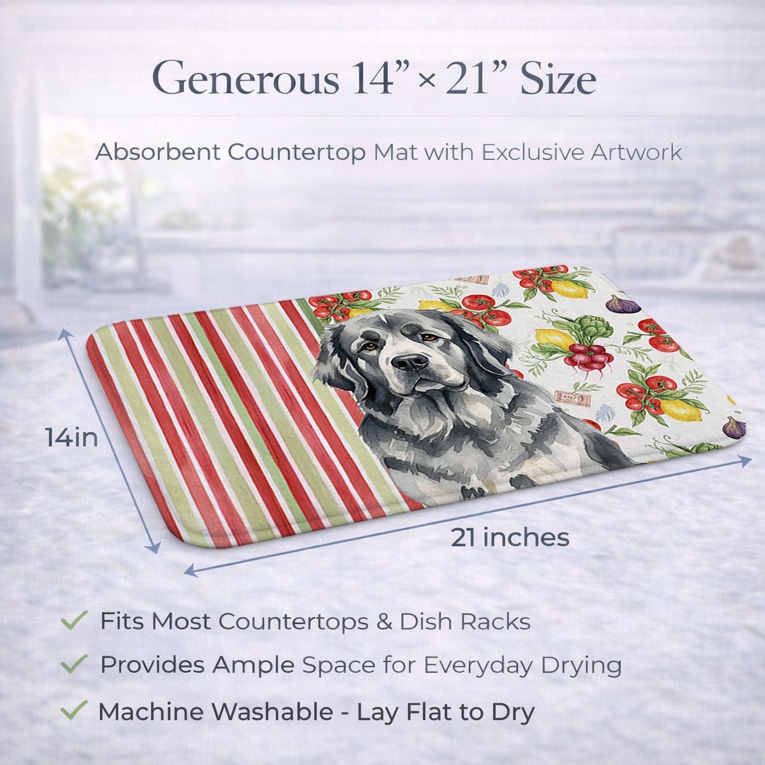 Gray Newfoundland Vegetables Dish Drying Mat Absorbent Dish Drying Mat Pad for Kitchen Counter Dish Drainer Mat for Countertop, 14 x 21", Multicolor