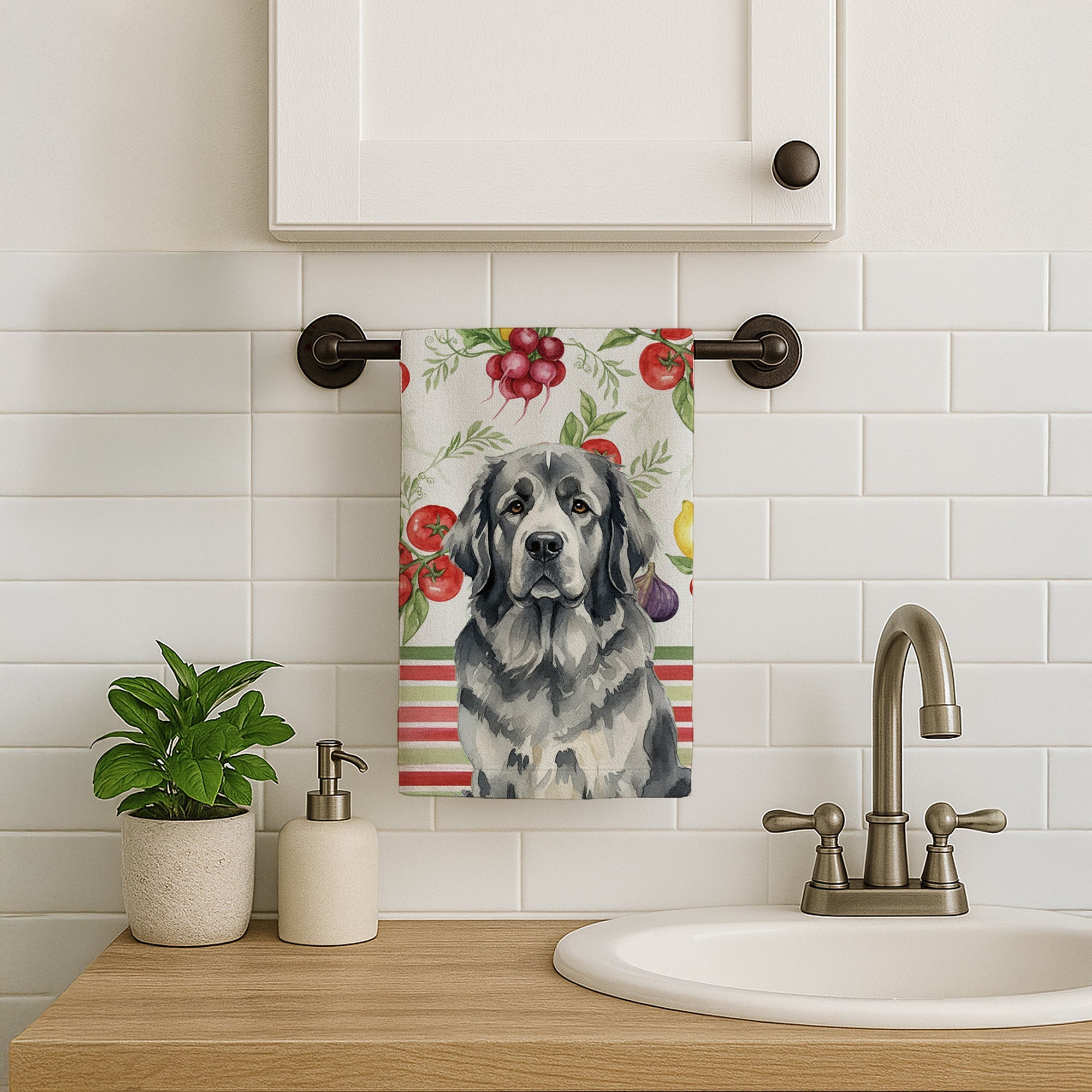 Gray Newfoundland Vegetables Kitchen Towel Velour Plush Front and Cotton Loop Back Machine Washable