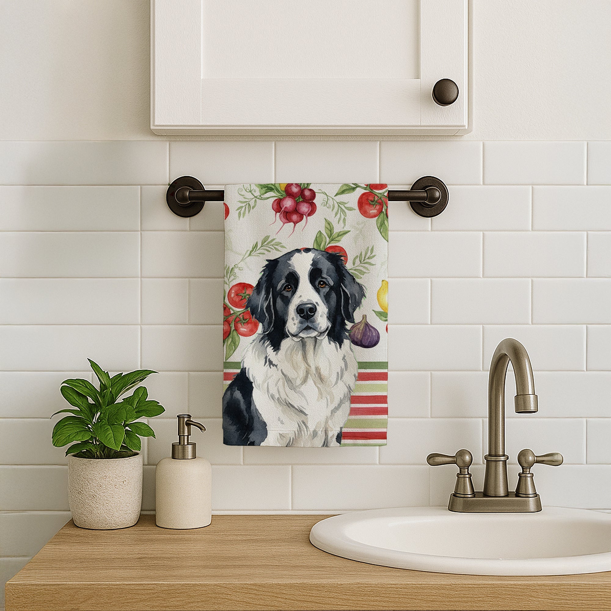 Landseer Newfoundland Vegetables Kitchen Towel Velour Plush Front and Cotton Loop Back Machine Washable