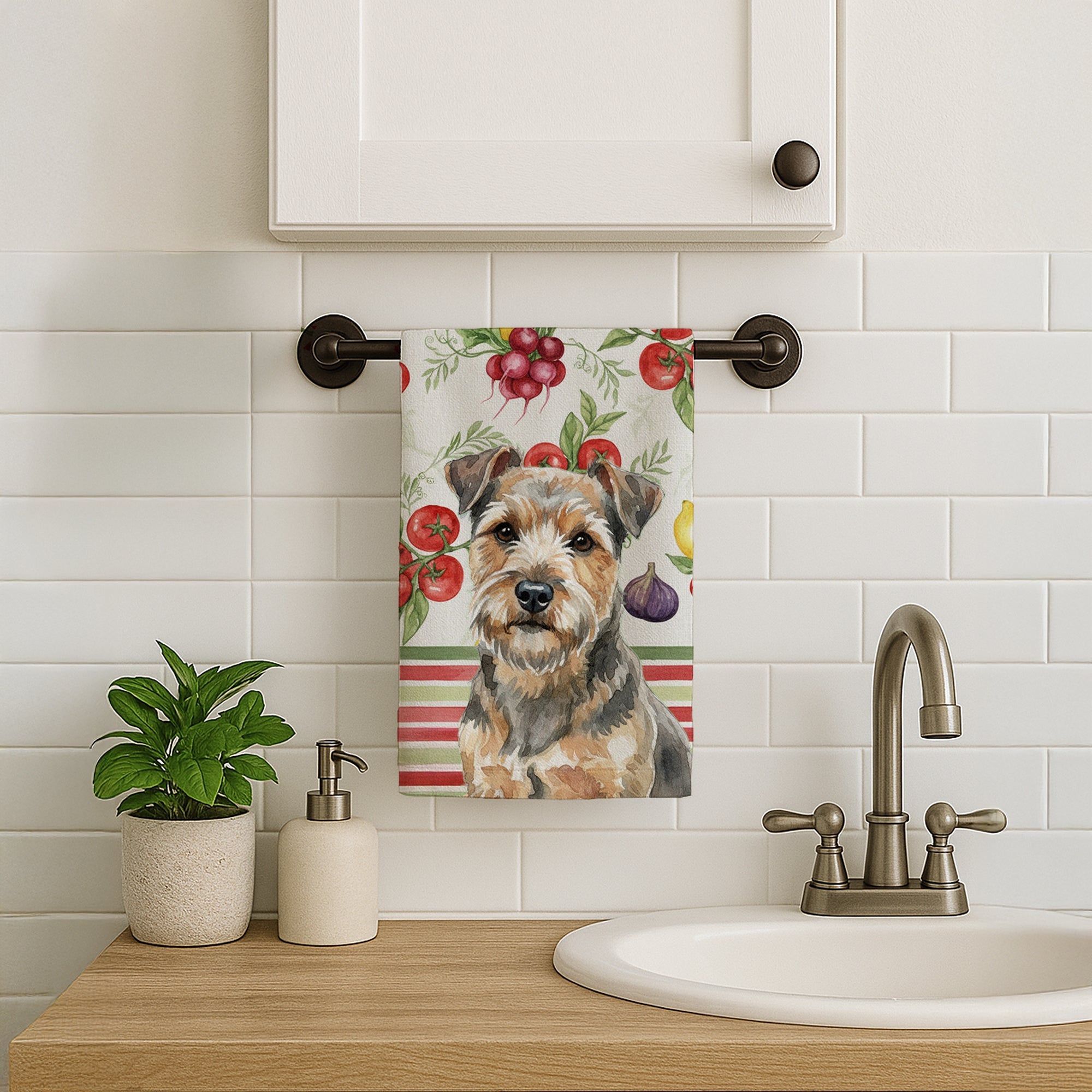 Grizzle and Tan Norfolk Terrier Vegetables Kitchen Towel Velour Plush Front and Cotton Loop Back Machine Washable