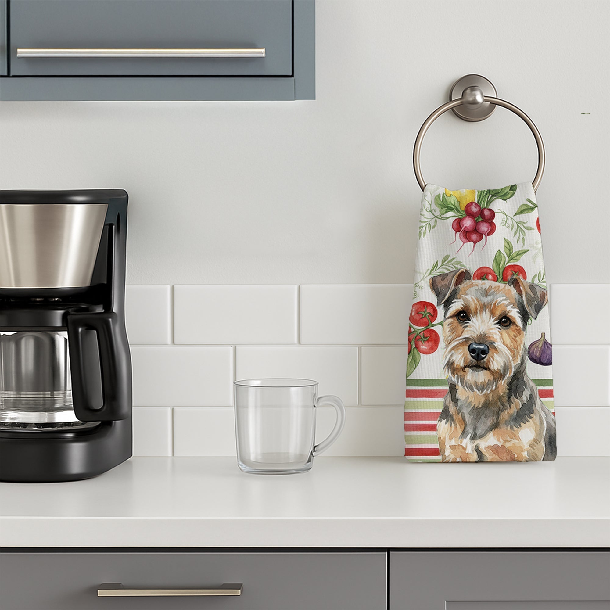 Grizzle and Tan Norfolk Terrier Vegetables Kitchen Towel Velour Plush Front and Cotton Loop Back Machine Washable