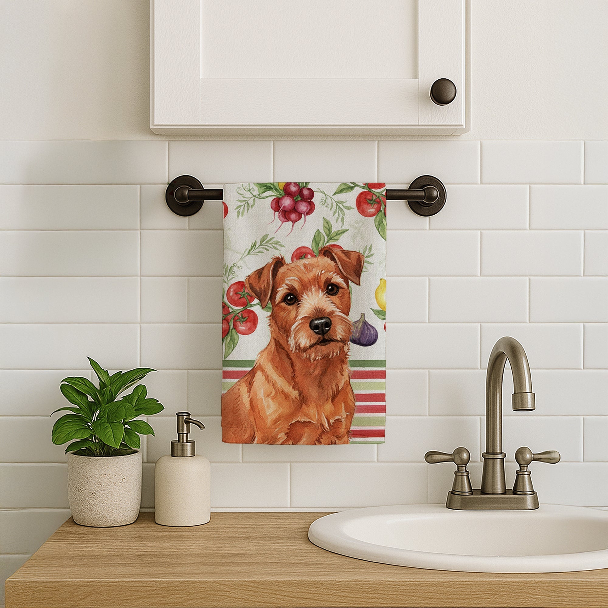 Red Norfolk Terrier Vegetables Kitchen Towel Velour Plush Front and Cotton Loop Back Machine Washable