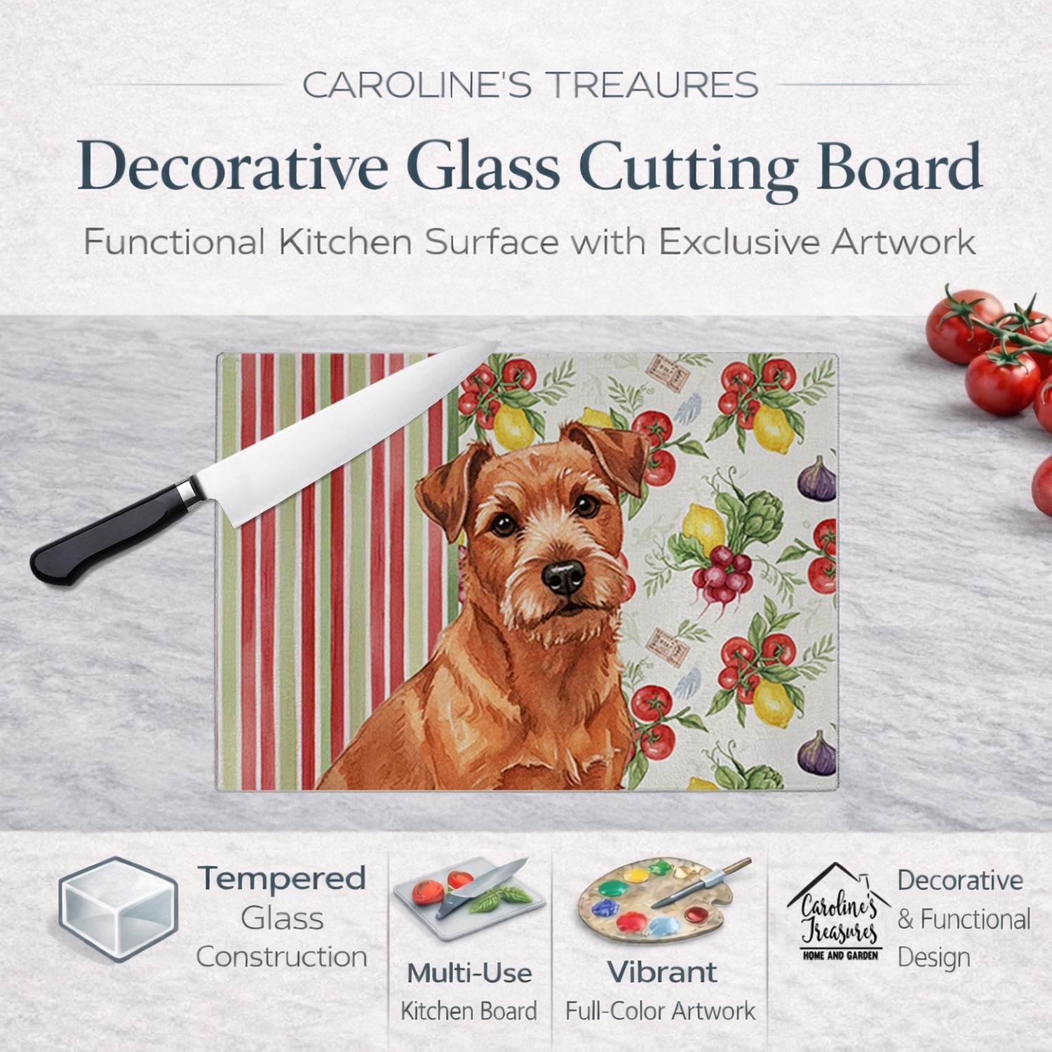 Red Norfolk Terrier Vegetables Cutting Board Tempered Glass Kitchen Cutting Surface, Heat Resistant Chopping, Non-Slip Feet, Food Prep & Serving