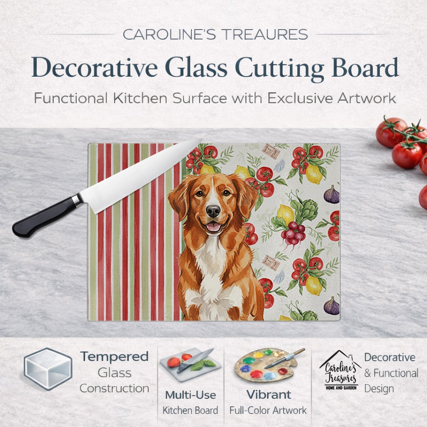 Orange Nova Scotia Duck Tolling Retriever Vegetables Cutting Board Tempered Glass Kitchen Cutting Surface, Heat Resistant Chopping, Non-Slip Feet, Food Prep & Serving