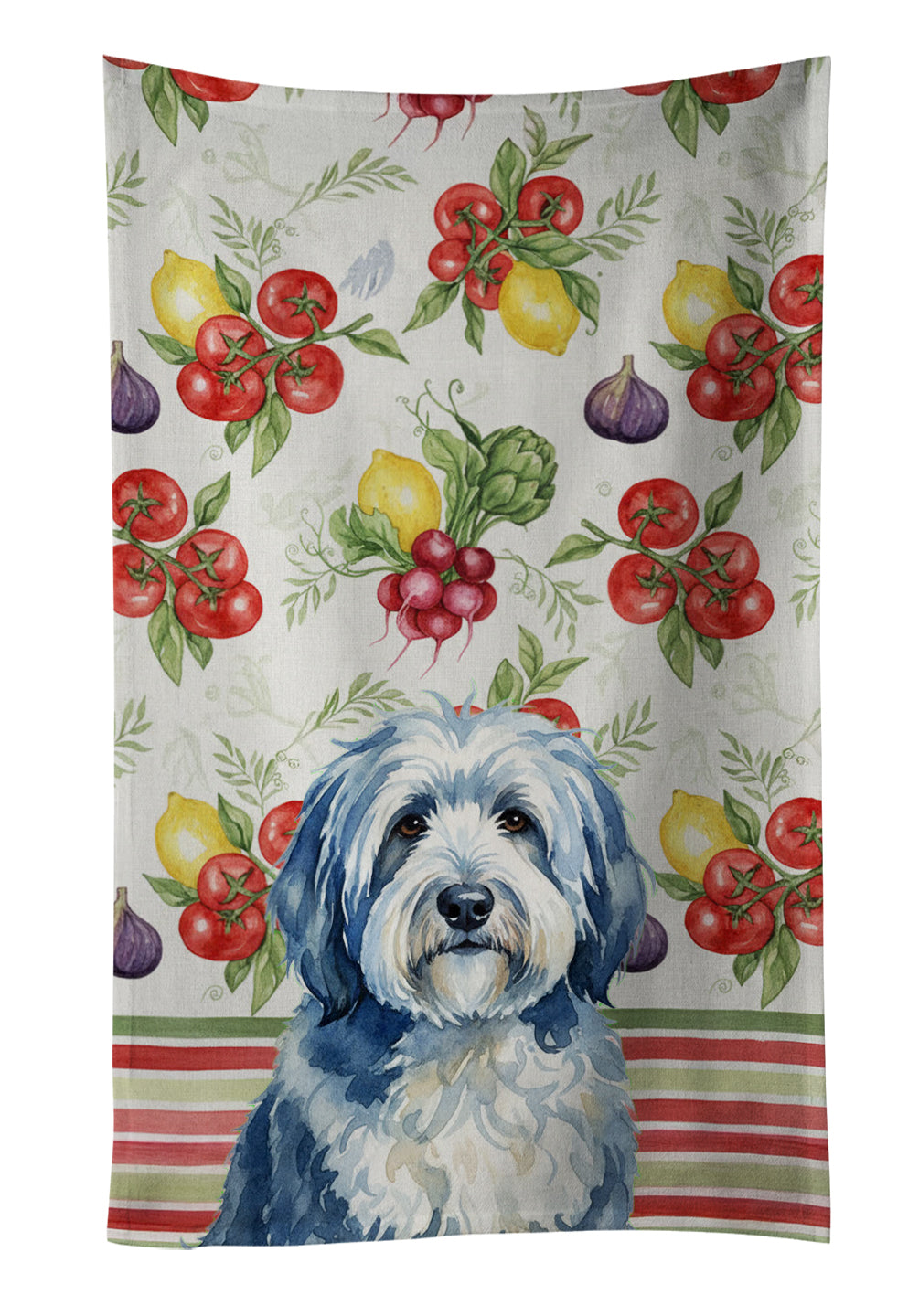 Blue and White Old English Sheepdog Vegetables Kitchen Towel Velour Plush Front and Cotton Loop Back Machine Washable