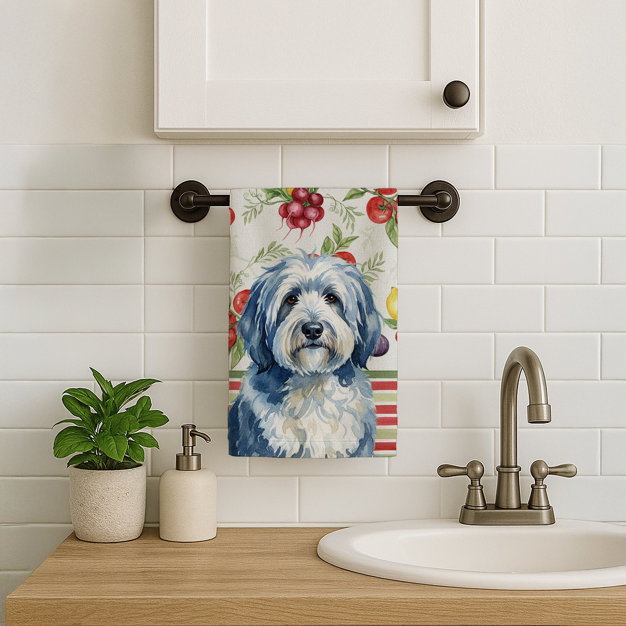 Blue and White Old English Sheepdog Vegetables Kitchen Towel Velour Plush Front and Cotton Loop Back Machine Washable