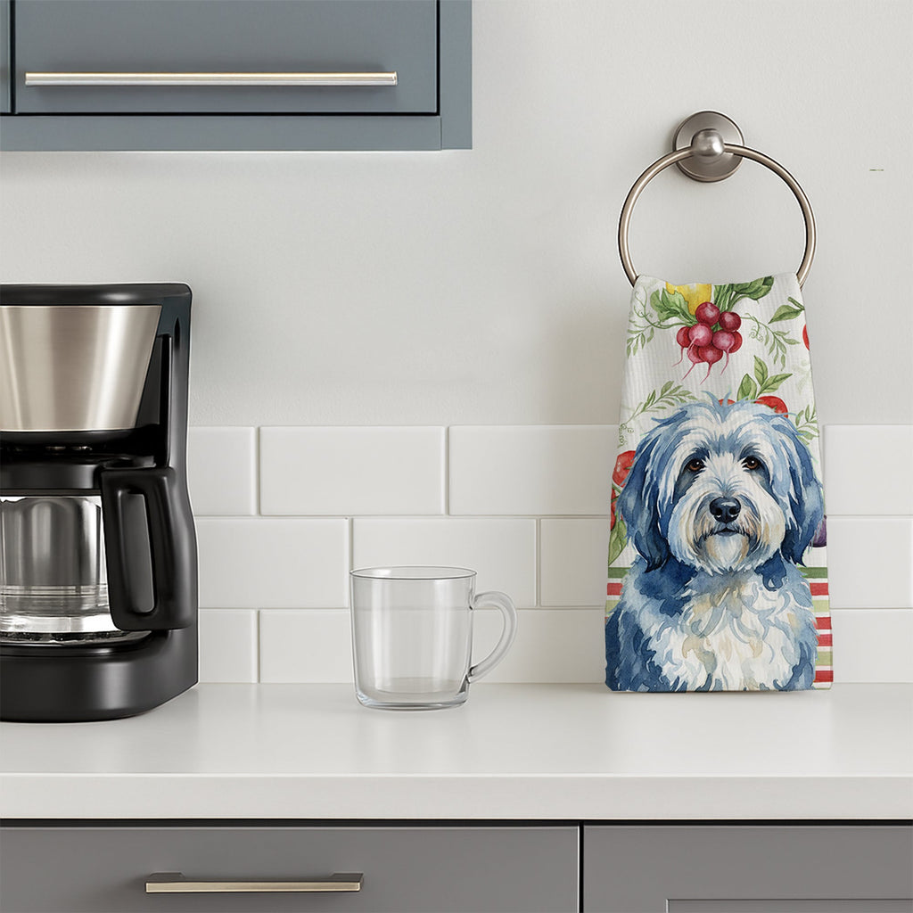 Blue and White Old English Sheepdog Vegetables Kitchen Towel Velour Plush Front and Cotton Loop Back Machine Washable