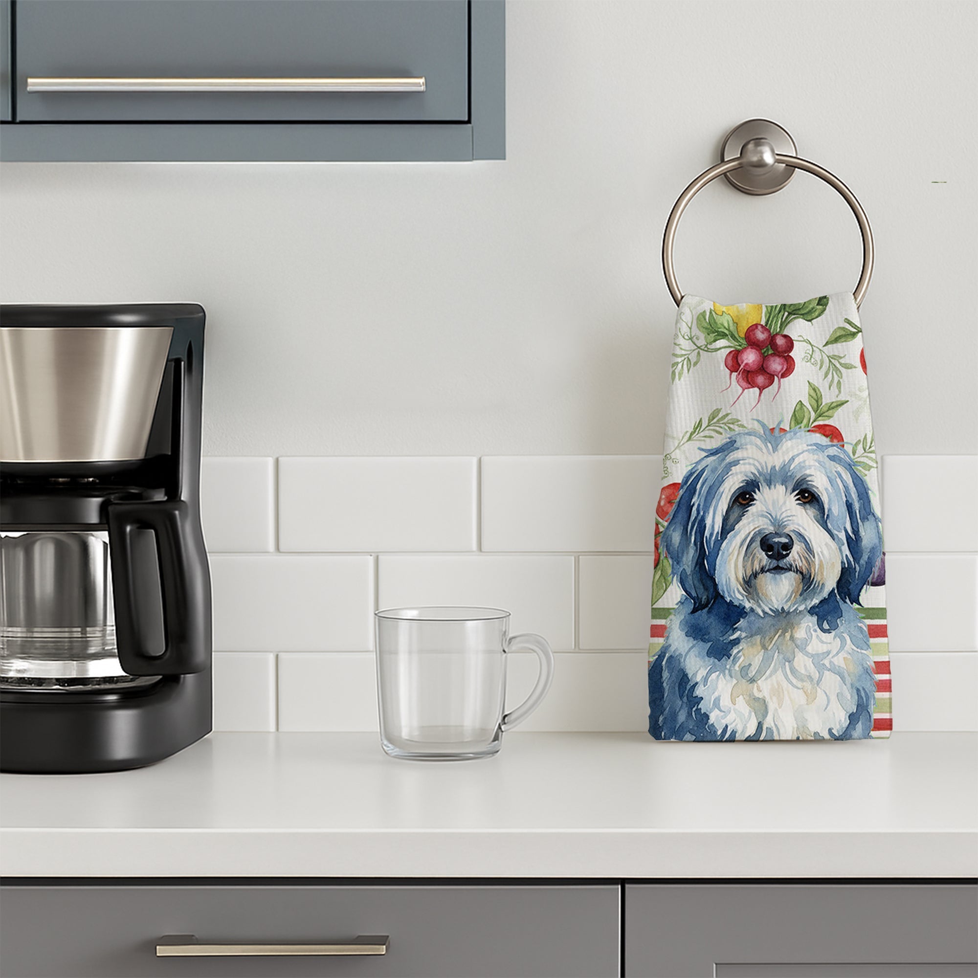 Blue and White Old English Sheepdog Vegetables Kitchen Towel Velour Plush Front and Cotton Loop Back Machine Washable