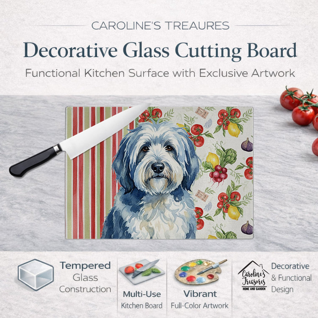 Blue and White Old English Sheepdog Vegetables Cutting Board Tempered Glass Kitchen Cutting Surface, Heat Resistant Chopping, Non-Slip Feet, Food Prep & Serving