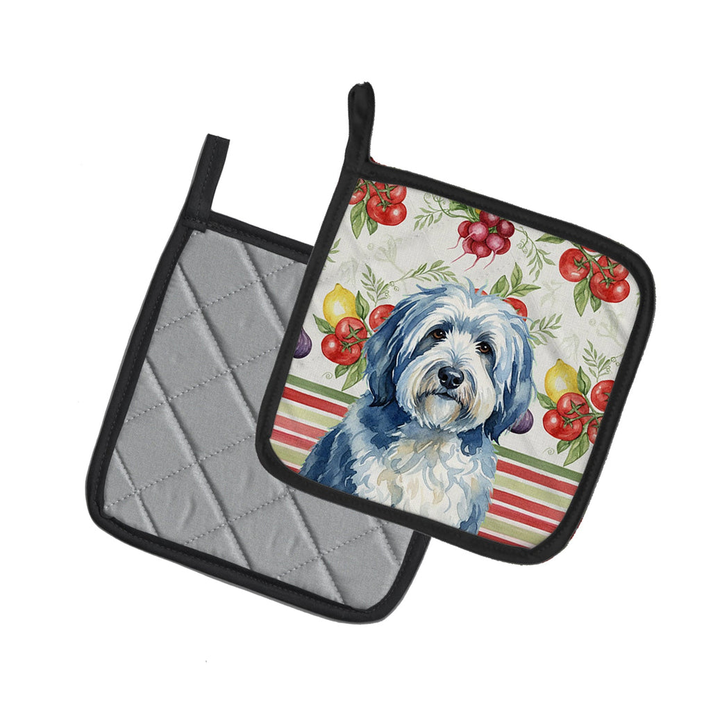 Blue and White Old English Sheepdog Vegetables Pot Holder Set of 2 Heat Resistant Quilted Hot Pads 7.5 x 7.5 Inch, Insulated Kitchen Trivets for Cooking & Baking