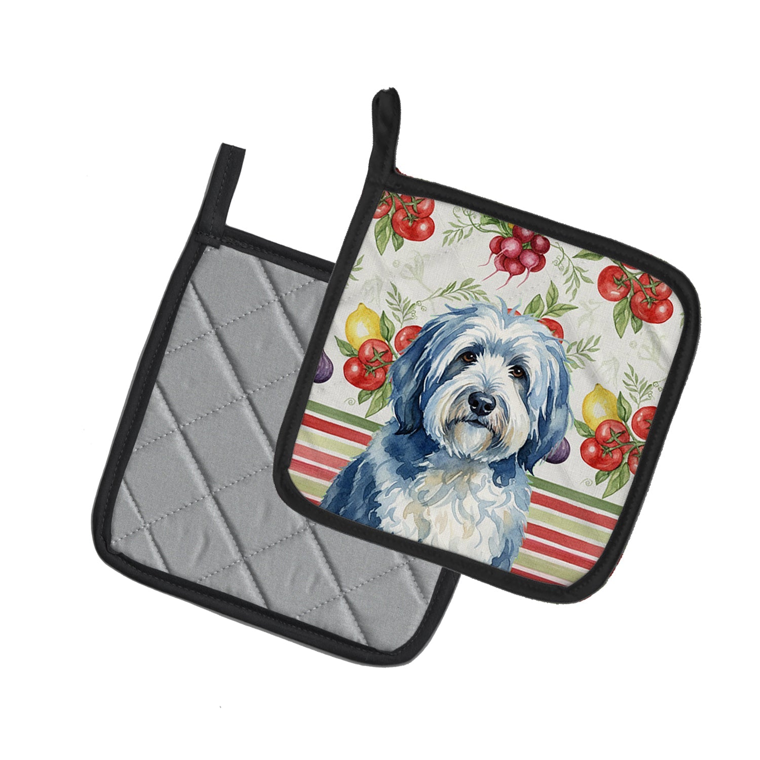 Blue and White Old English Sheepdog Vegetables Pot Holder Set of 2 Heat Resistant Quilted Hot Pads 7.5 x 7.5 Inch, Insulated Kitchen Trivets for Cooking & Baking
