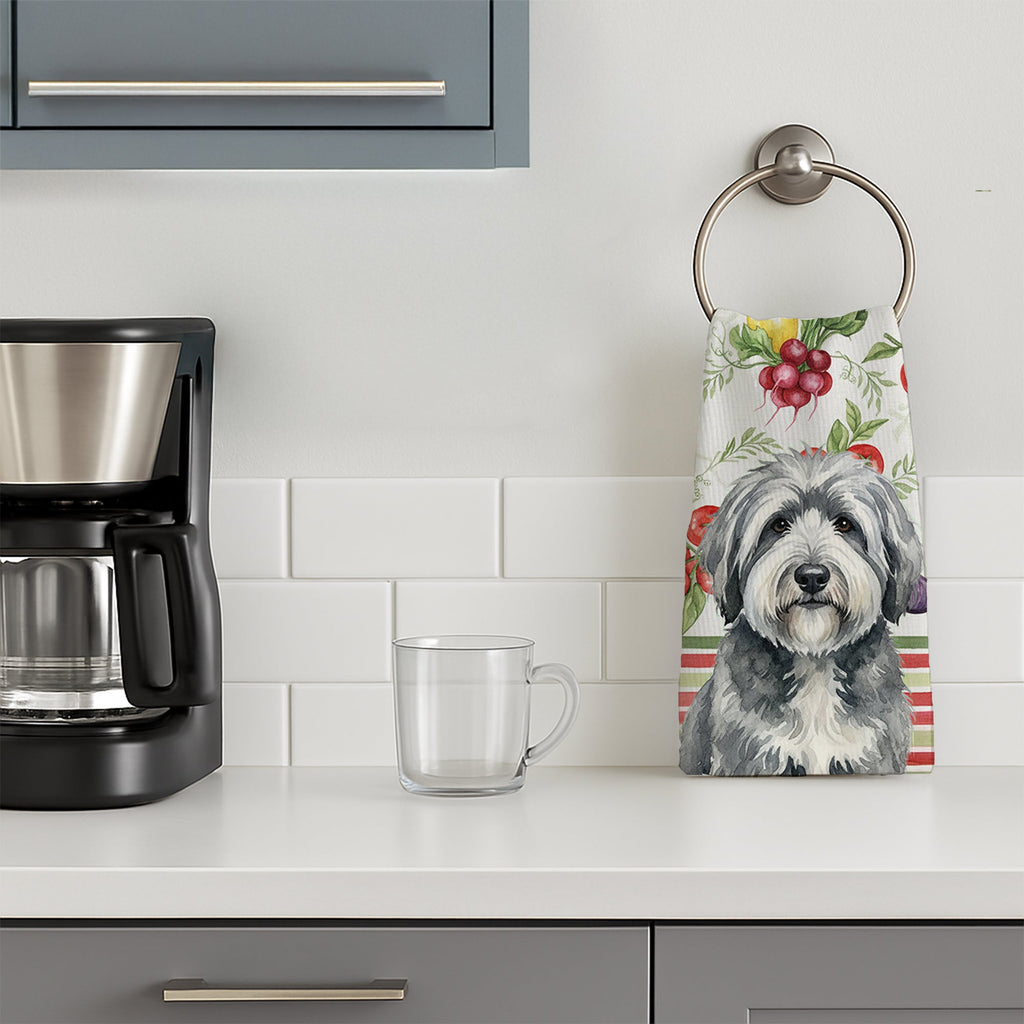 Gray and White Old English Sheepdog Vegetables Kitchen Towel Velour Plush Front and Cotton Loop Back Machine Washable