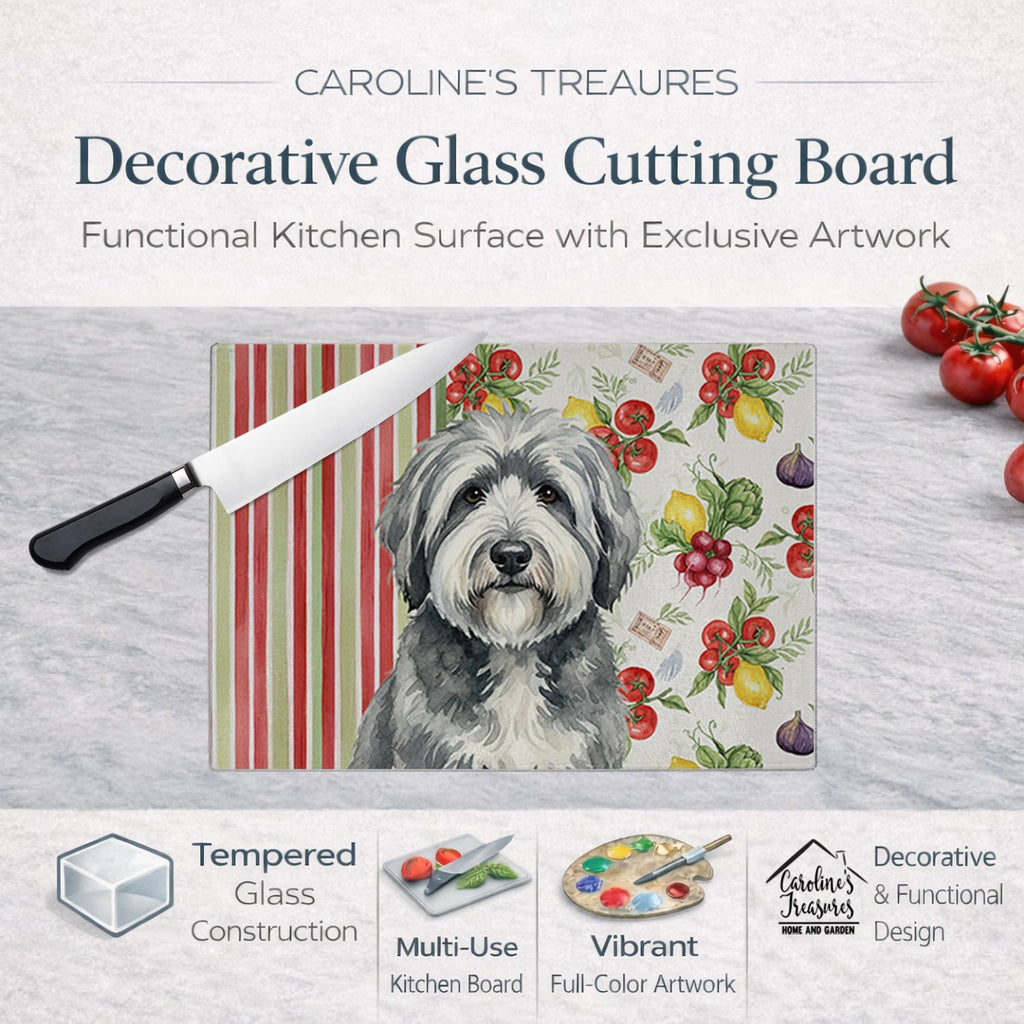 Gray and White Old English Sheepdog Vegetables Cutting Board Tempered Glass Kitchen Cutting Surface, Heat Resistant Chopping, Non-Slip Feet, Food Prep & Serving
