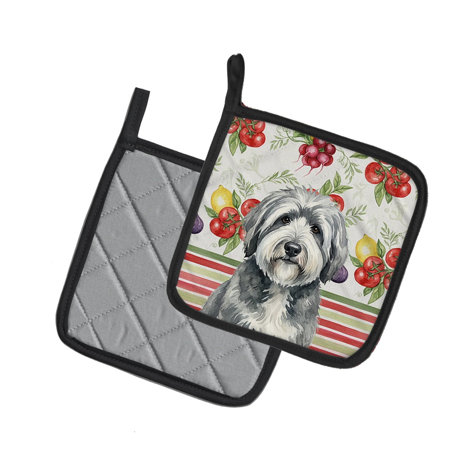 Gray and White Old English Sheepdog Vegetables Pot Holder Set of 2 Heat Resistant Quilted Hot Pads 7.5 x 7.5 Inch, Insulated Kitchen Trivets for Cooking & Baking