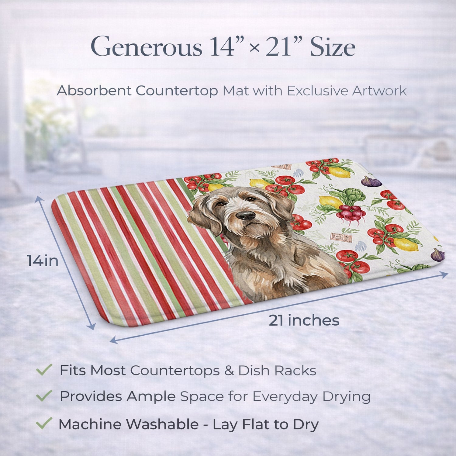 Grizzle and Tan Otterhound Vegetables Dish Drying Mat Absorbent Dish Drying Mat Pad for Kitchen Counter Dish Drainer Mat for Countertop, 14 x 21", Multicolor