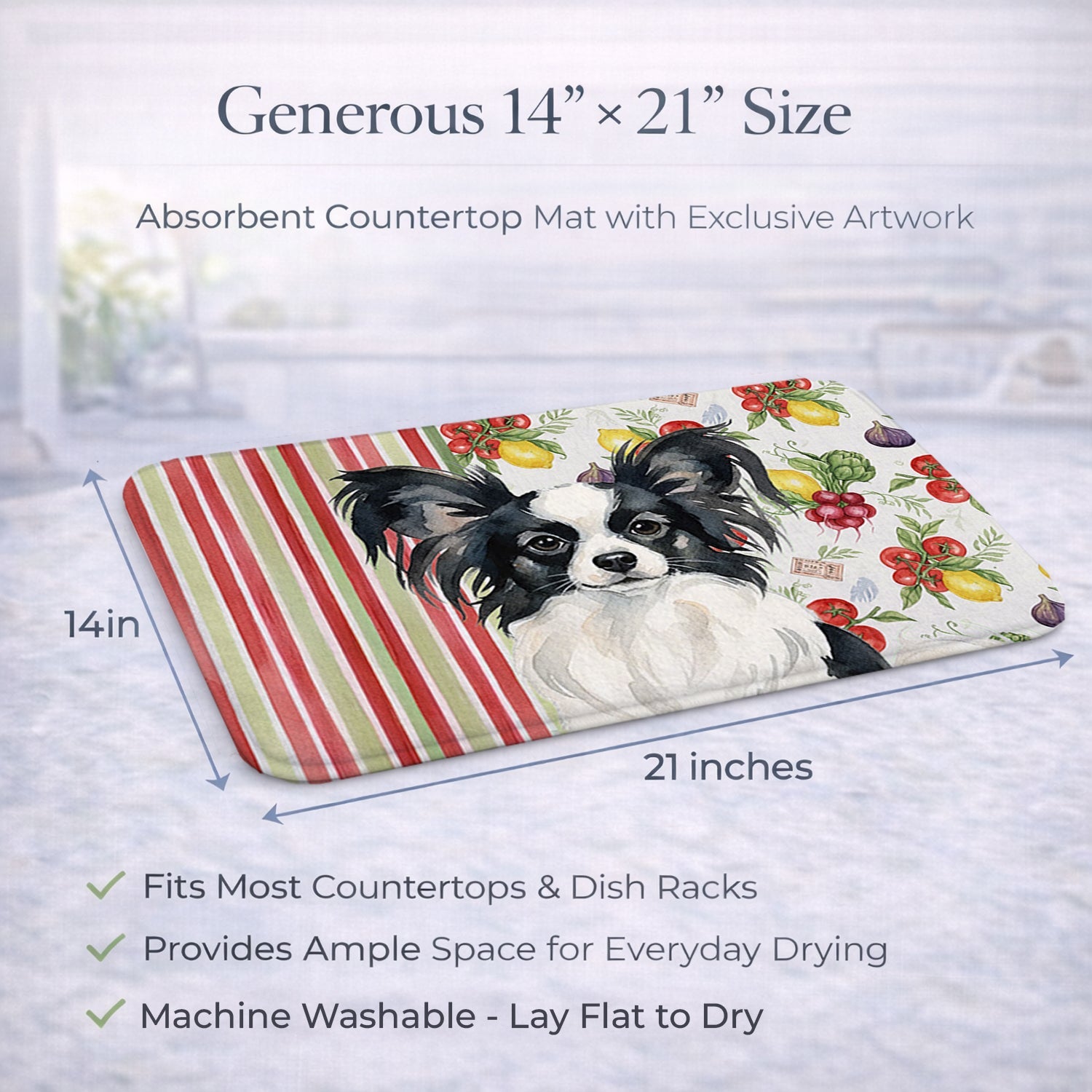 Black and White Papillon Vegetables Dish Drying Mat Absorbent Dish Drying Mat Pad for Kitchen Counter Dish Drainer Mat for Countertop, 14 x 21", Multicolor