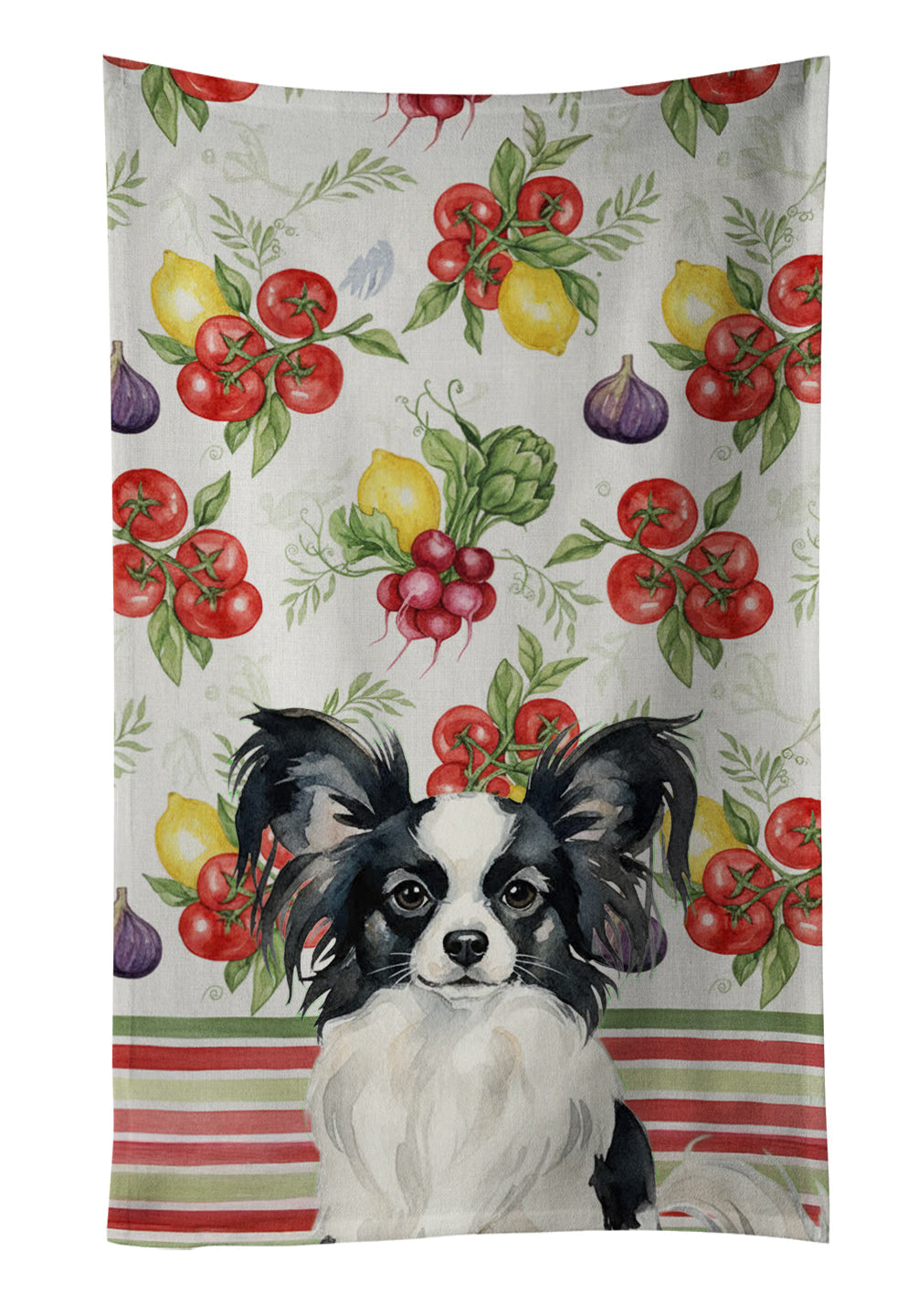 Black and White Papillon Vegetables Kitchen Towel Velour Plush Front and Cotton Loop Back Machine Washable