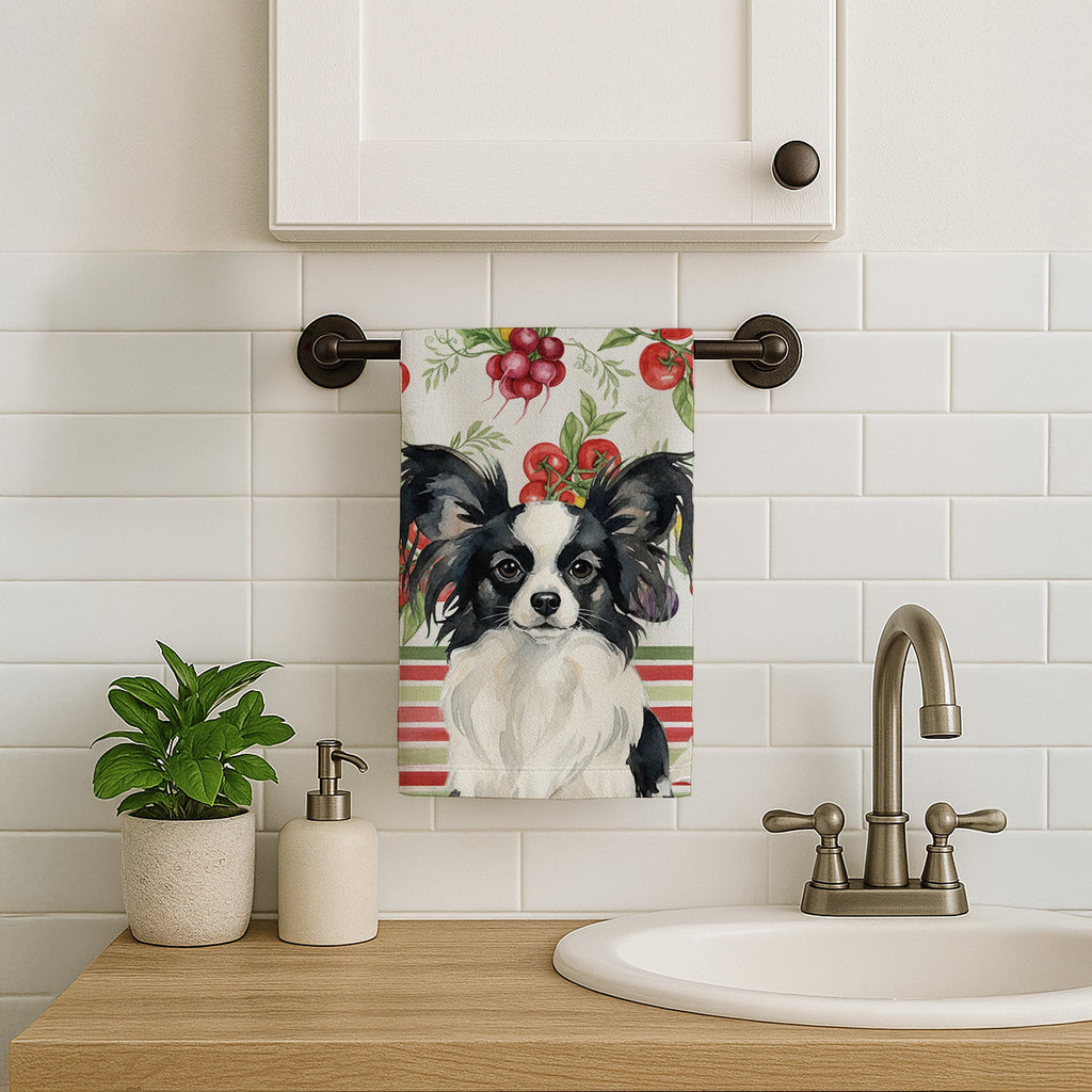 Black and White Papillon Vegetables Kitchen Towel Velour Plush Front and Cotton Loop Back Machine Washable
