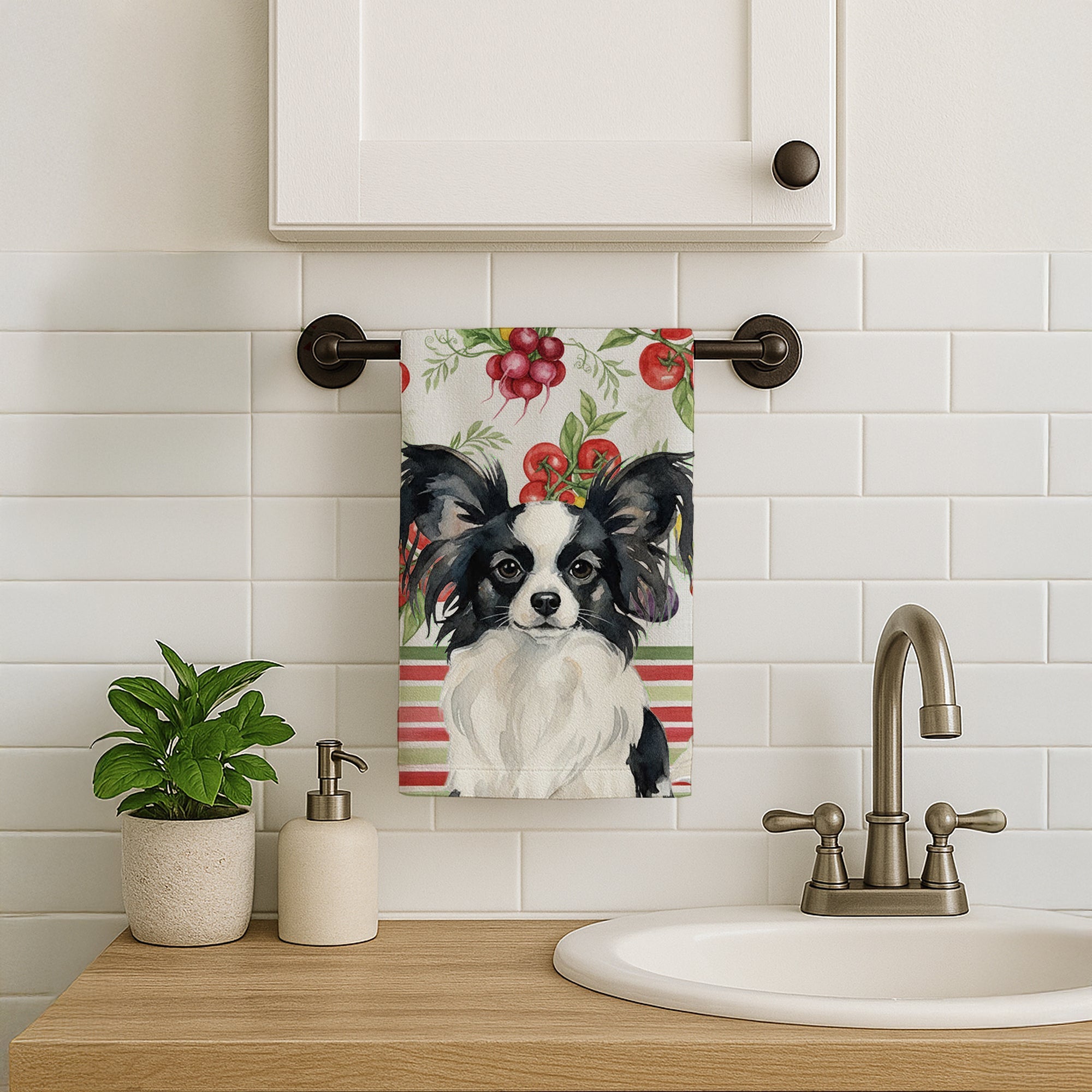 Black and White Papillon Vegetables Kitchen Towel Velour Plush Front and Cotton Loop Back Machine Washable