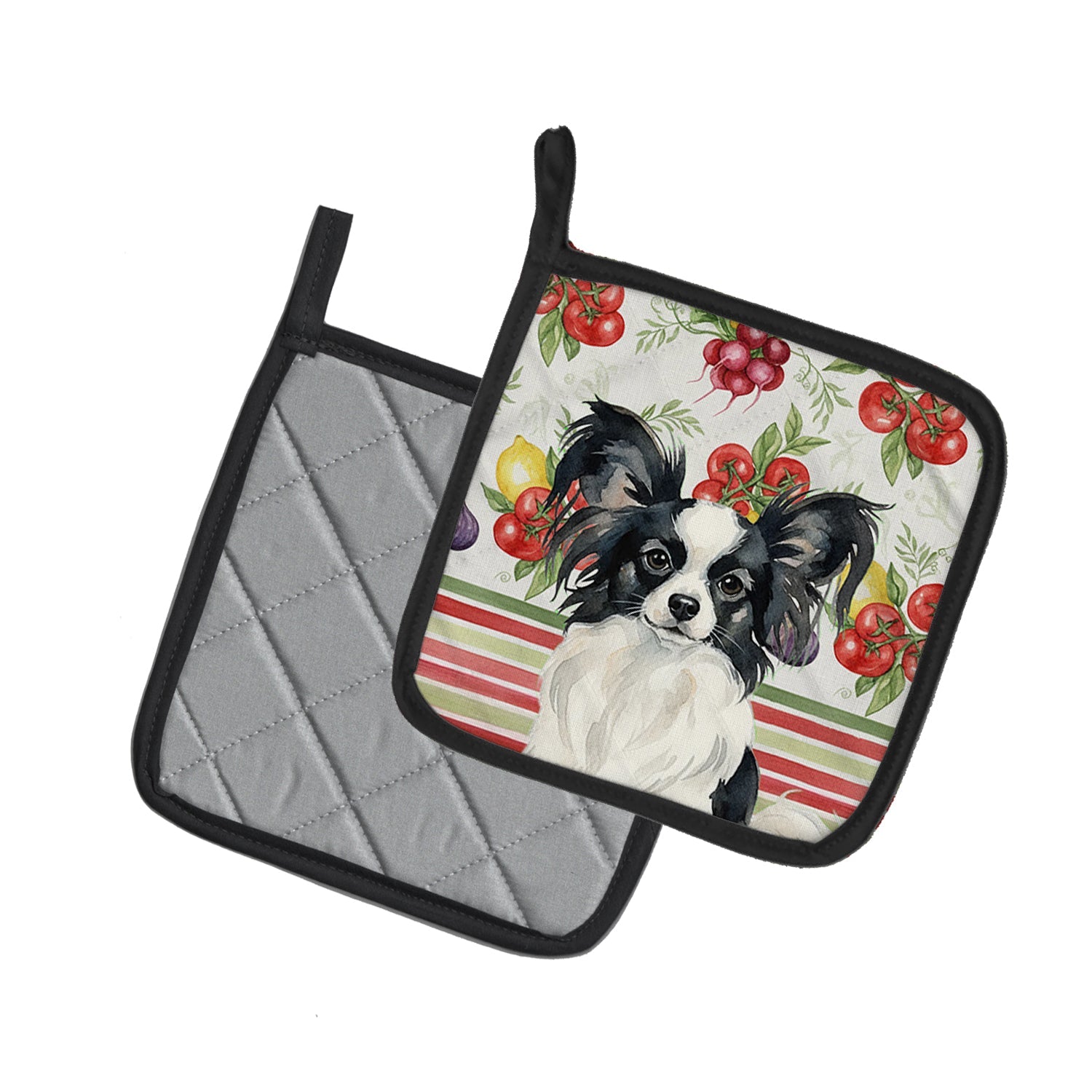 Black and White Papillon Vegetables Pot Holder Set of 2 Heat Resistant Quilted Hot Pads 7.5 x 7.5 Inch, Insulated Kitchen Trivets for Cooking & Baking