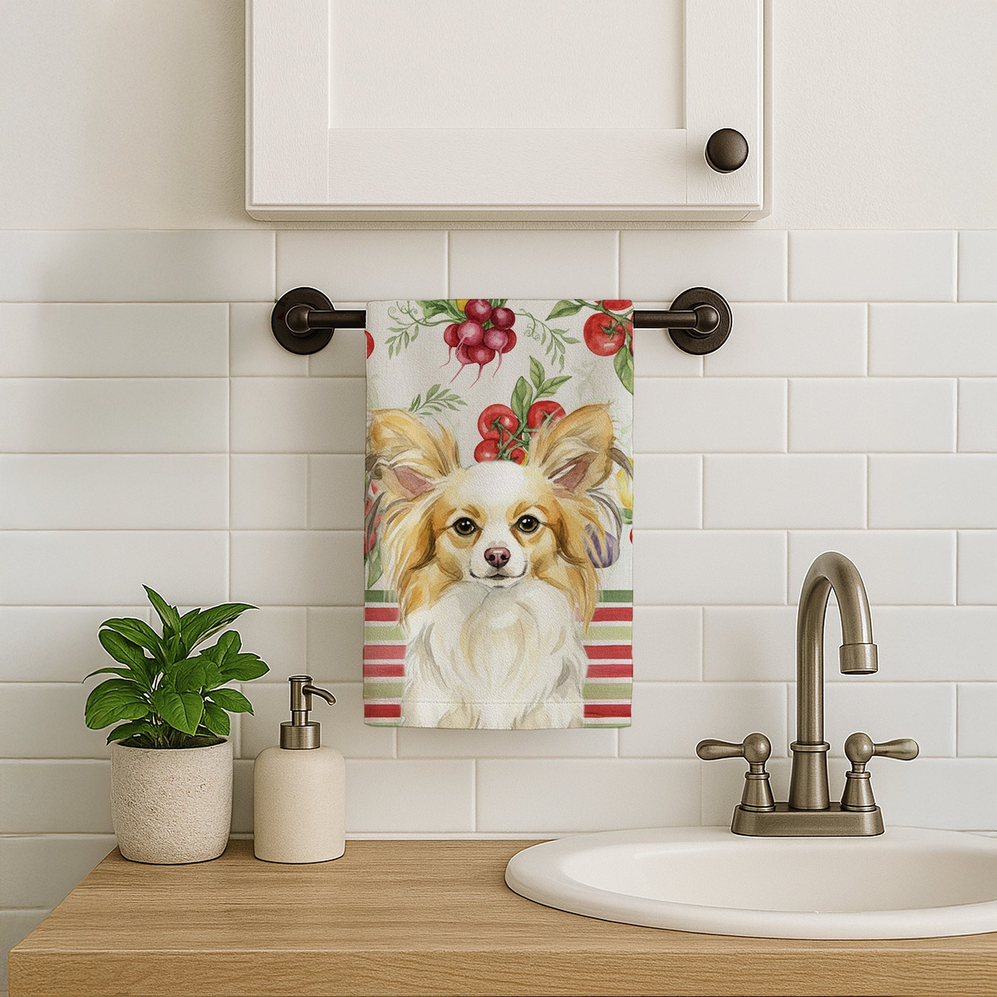 Lemon and White Papillon Vegetables Kitchen Towel Velour Plush Front and Cotton Loop Back Machine Washable