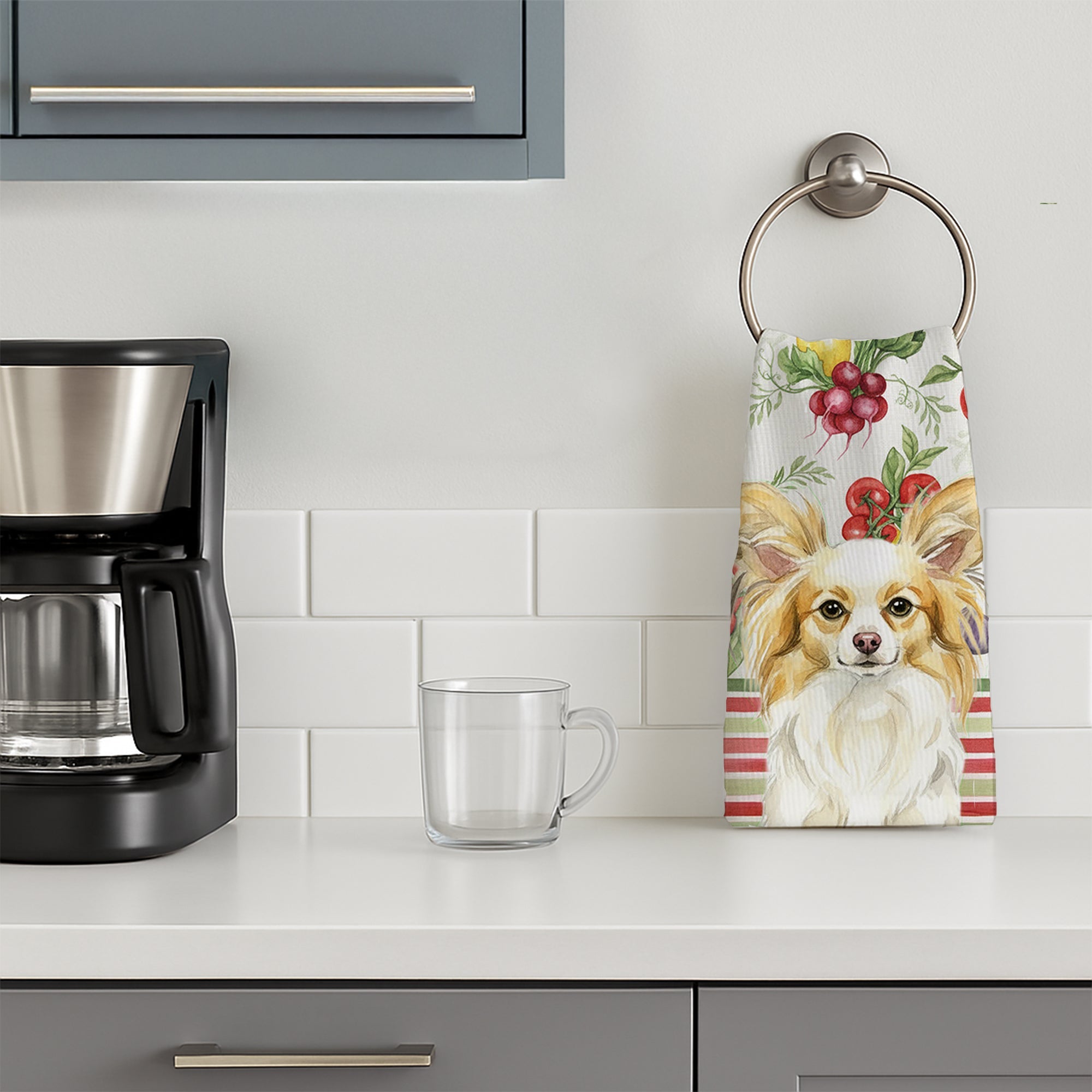 Lemon and White Papillon Vegetables Kitchen Towel Velour Plush Front and Cotton Loop Back Machine Washable