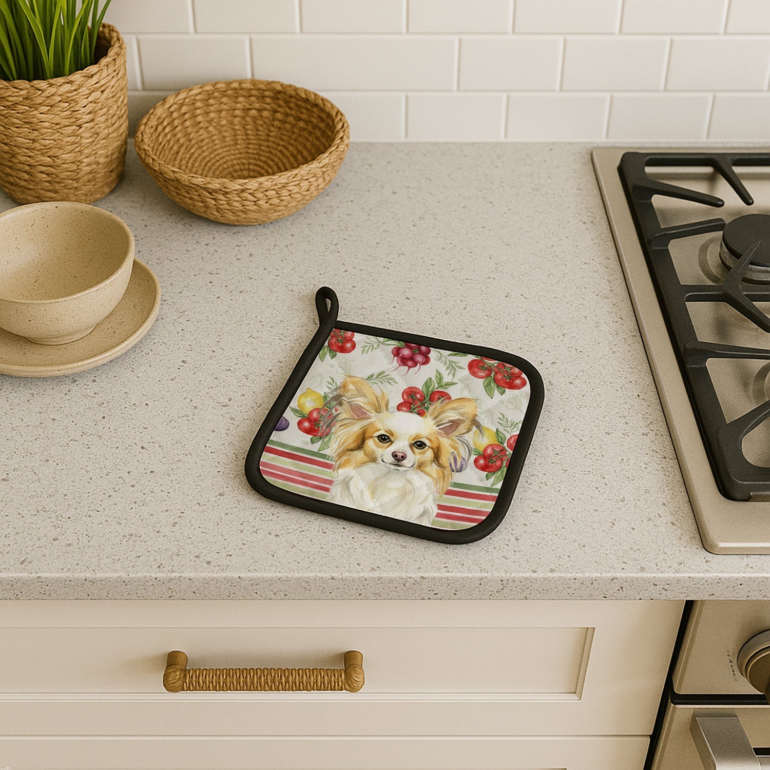 Lemon and White Papillon Vegetables Pot Holder Set of 2 Heat Resistant Quilted Hot Pads 7.5 x 7.5 Inch, Insulated Kitchen Trivets for Cooking & Baking