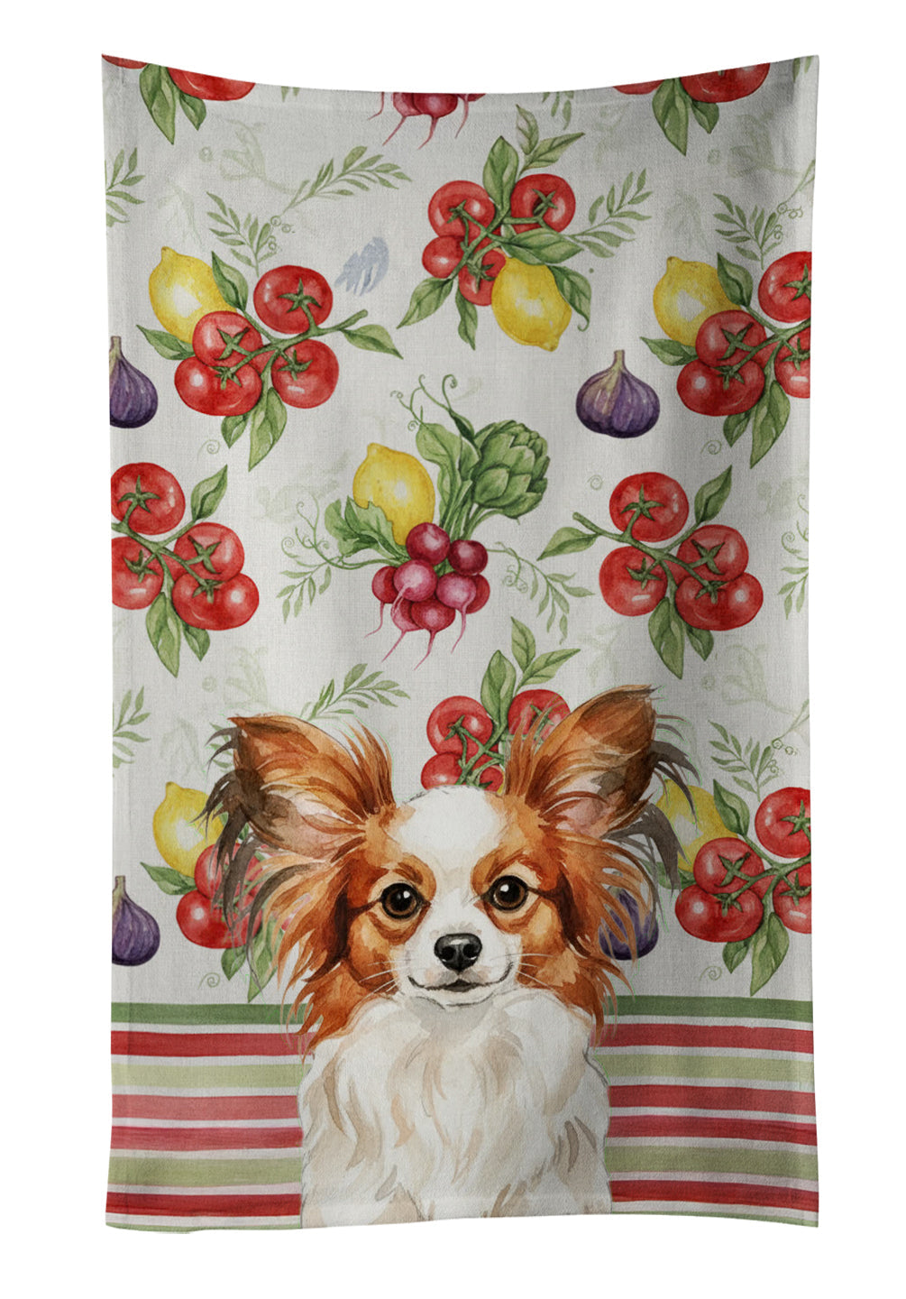 White with Red Papillon Vegetables Kitchen Towel Velour Plush Front and Cotton Loop Back Machine Washable