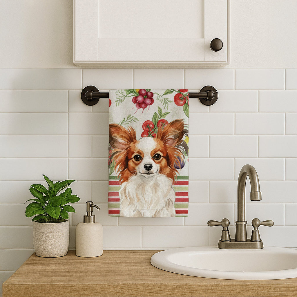 White with Red Papillon Vegetables Kitchen Towel Velour Plush Front and Cotton Loop Back Machine Washable
