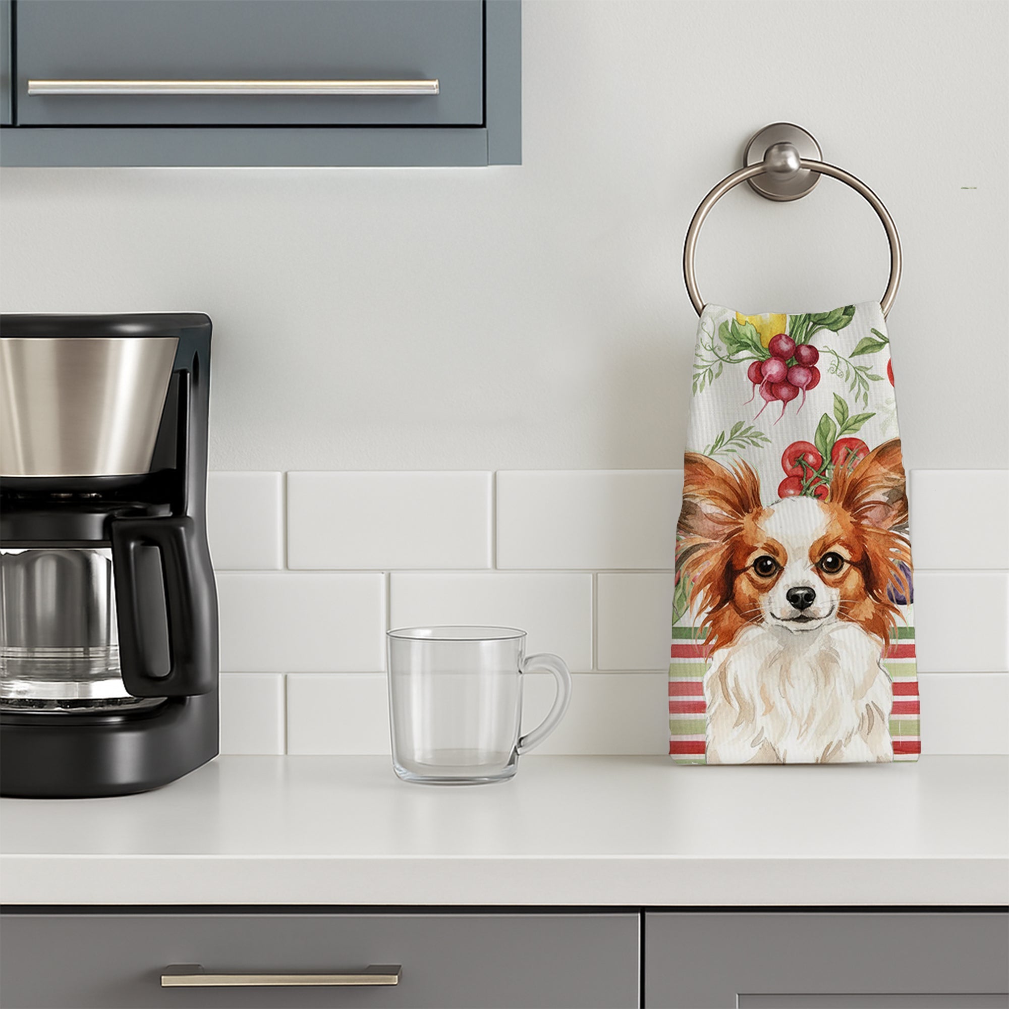 White with Red Papillon Vegetables Kitchen Towel Velour Plush Front and Cotton Loop Back Machine Washable