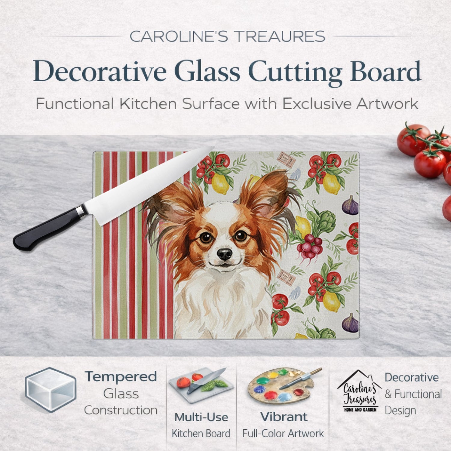 White with Red Papillon Vegetables Cutting Board Tempered Glass Kitchen Cutting Surface, Heat Resistant Chopping, Non-Slip Feet, Food Prep & Serving